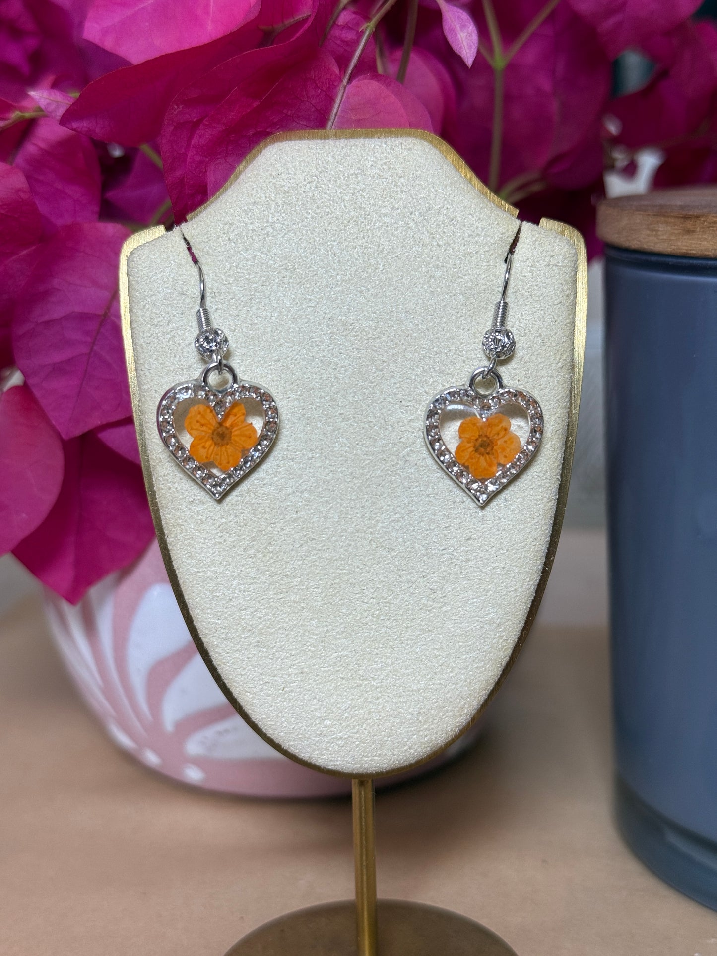 Handmade Real Pressed Orange Flower Heart Necklace – Silver-Tone Rhinestone Pendant