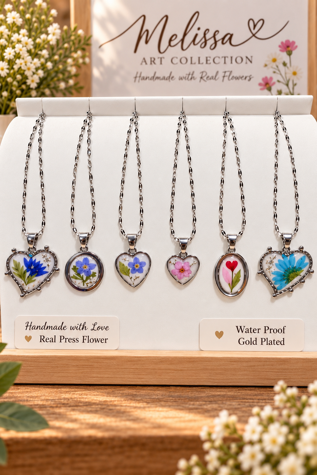Blue Wildflower Heart Necklace