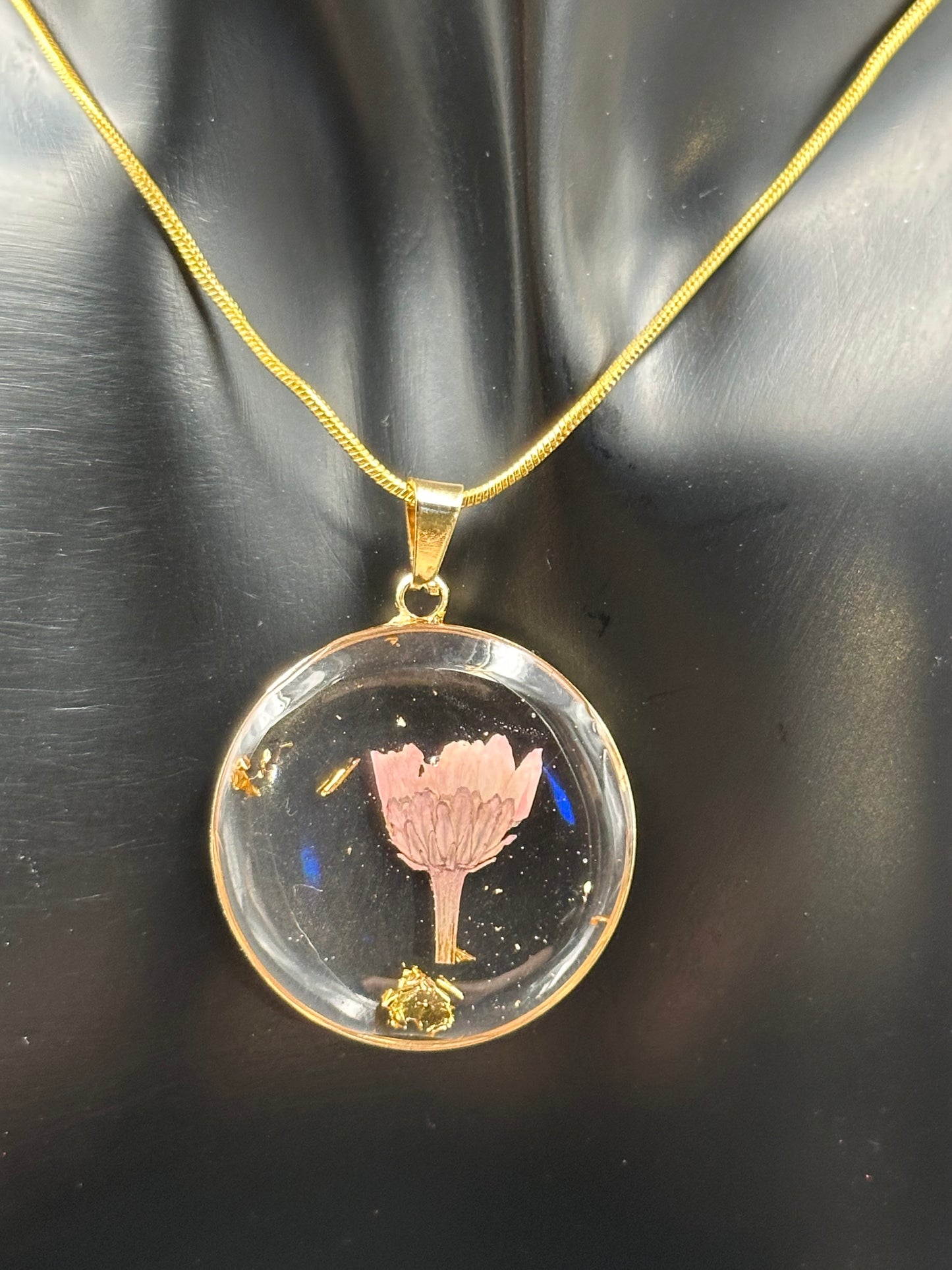 September Aster Month Flower Necklace, Birth Flower Necklace, Handmade Pressed Real Flower Necklace, Unique Gift, Gold Snake Chain. - Melissa Art Collection