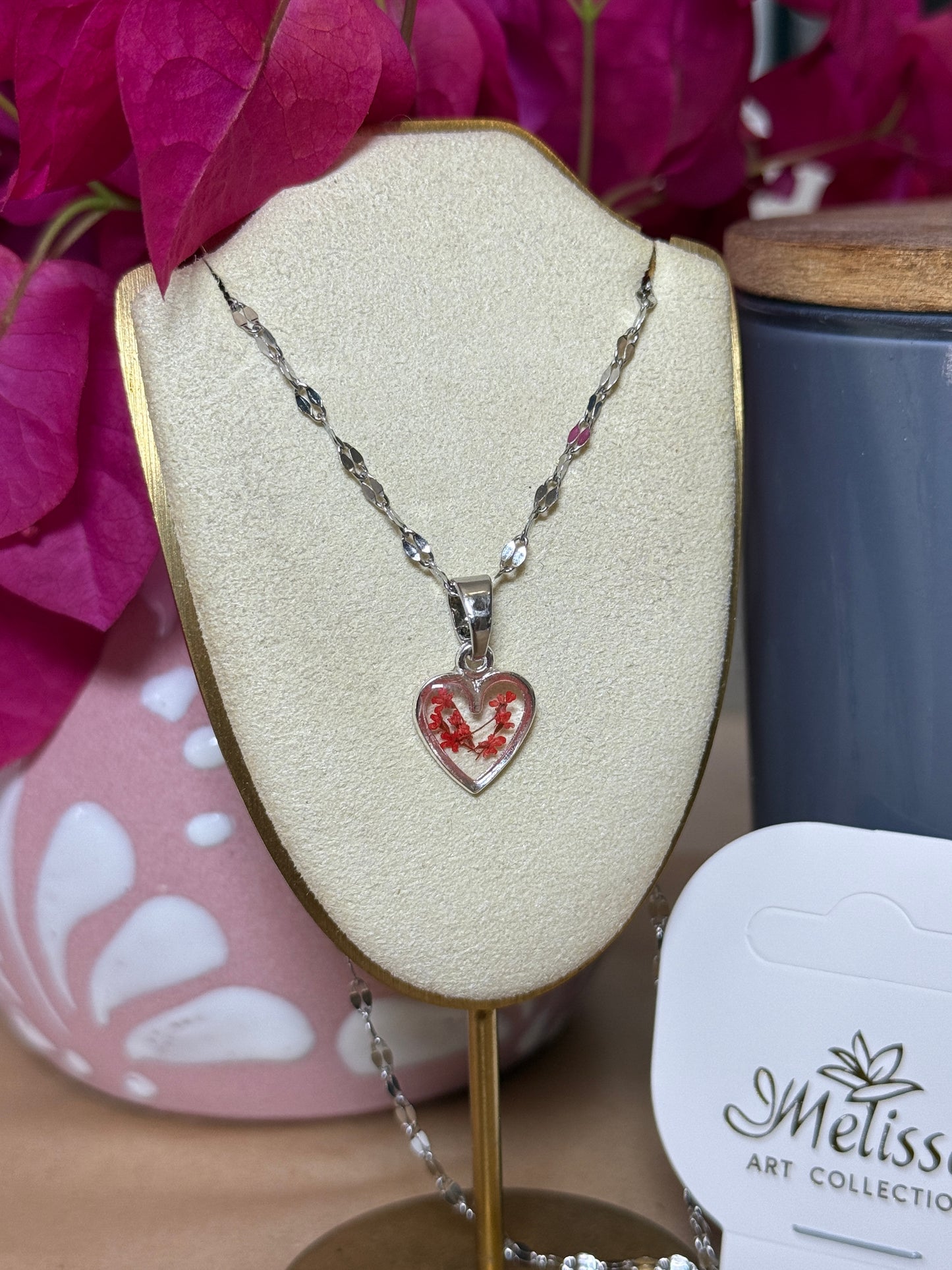 Handmade Real Pressed Red Flowers Heart Necklace – Silver Tone