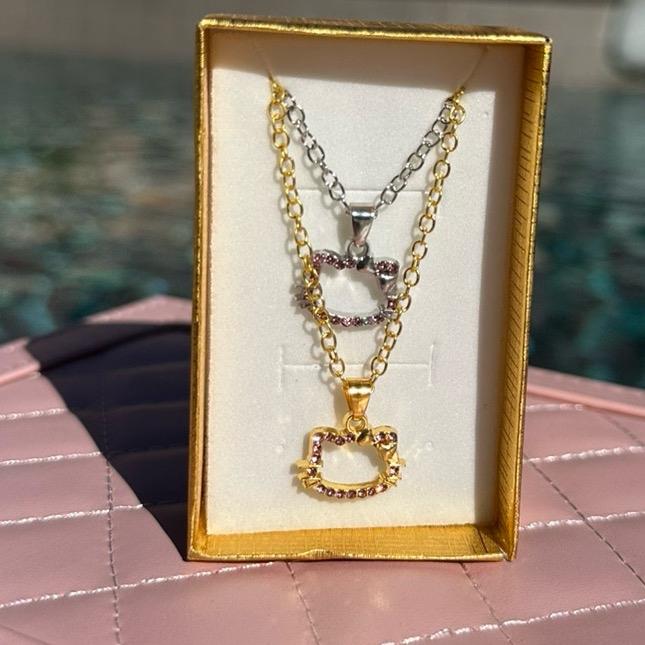 2 Pcs Kitty Diamond Cat Necklace with Gift Box