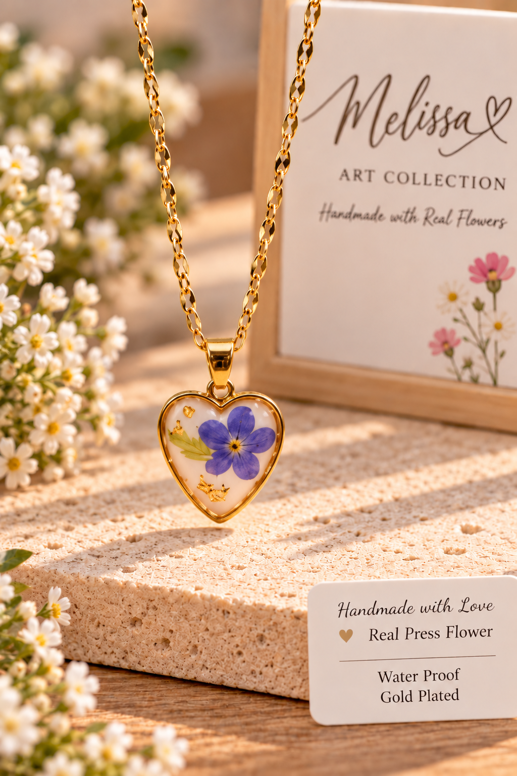Blue Wildflower Heart Necklace