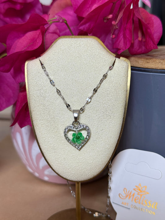 Handmade Real Pressed Green Flower Heart Necklace – Silver-Tone Rhinestone Pendant