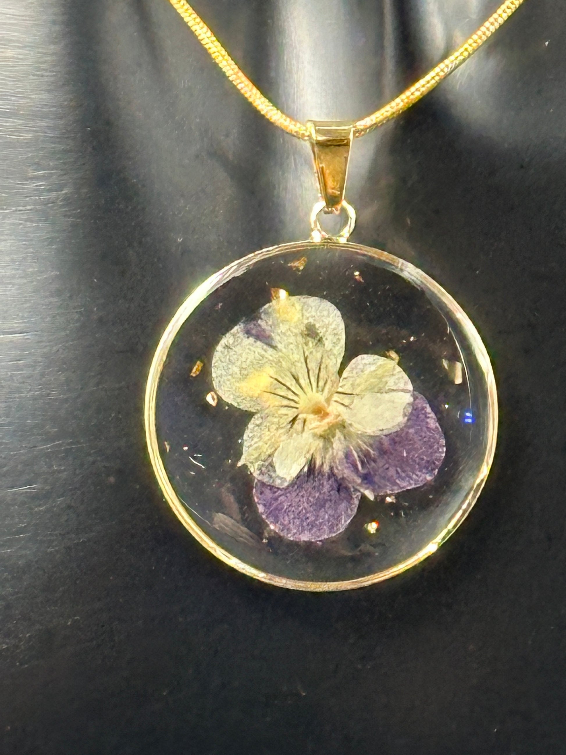 February Violet Month Flower Necklace, Birth Flower Necklace, Handmade Pressed Real Flower Necklace, Unique Gift, Gold Snake Chain - Melissa Art Collection