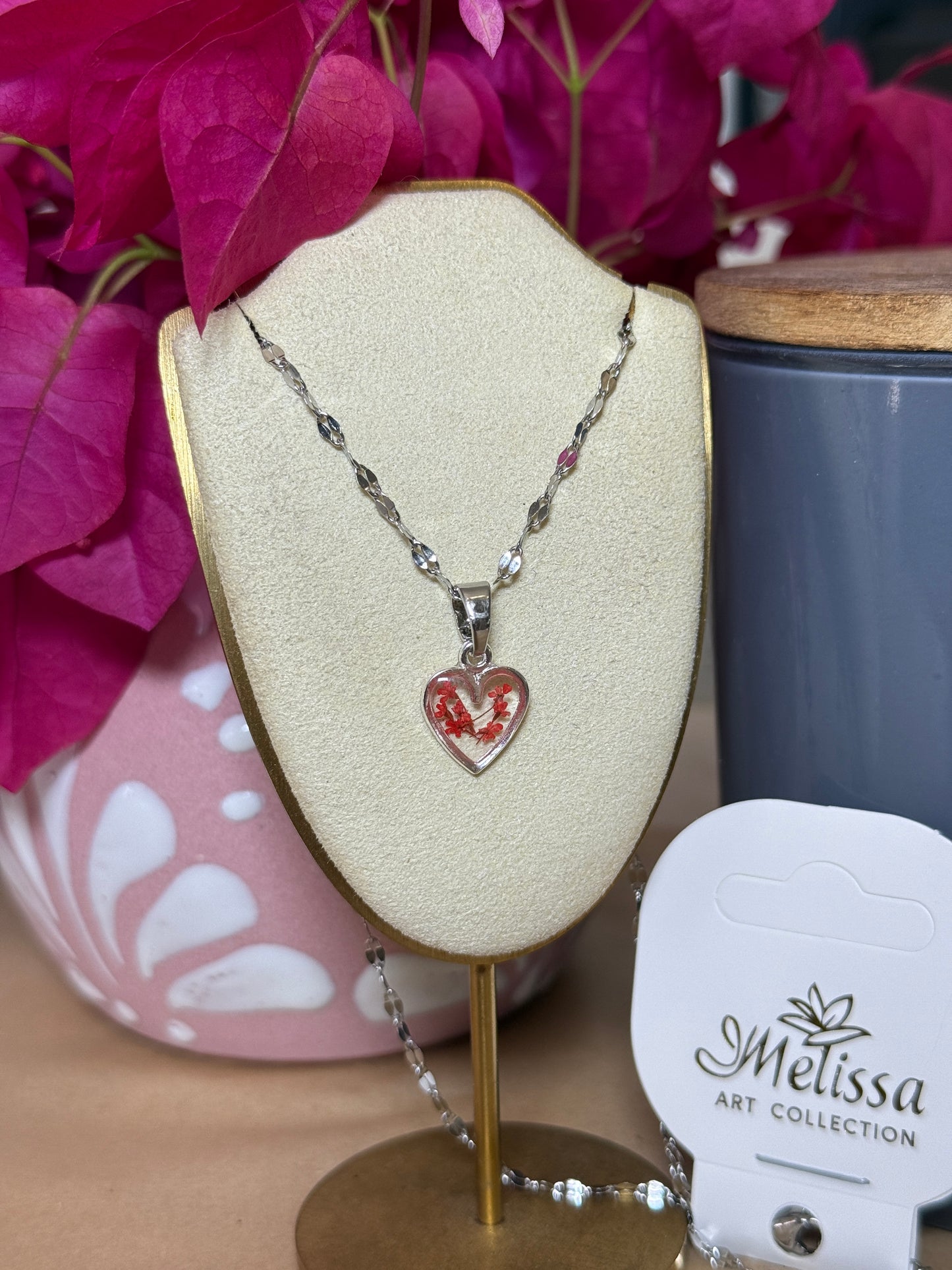 Handmade Real Pressed Red Flowers Heart Necklace – Silver Tone