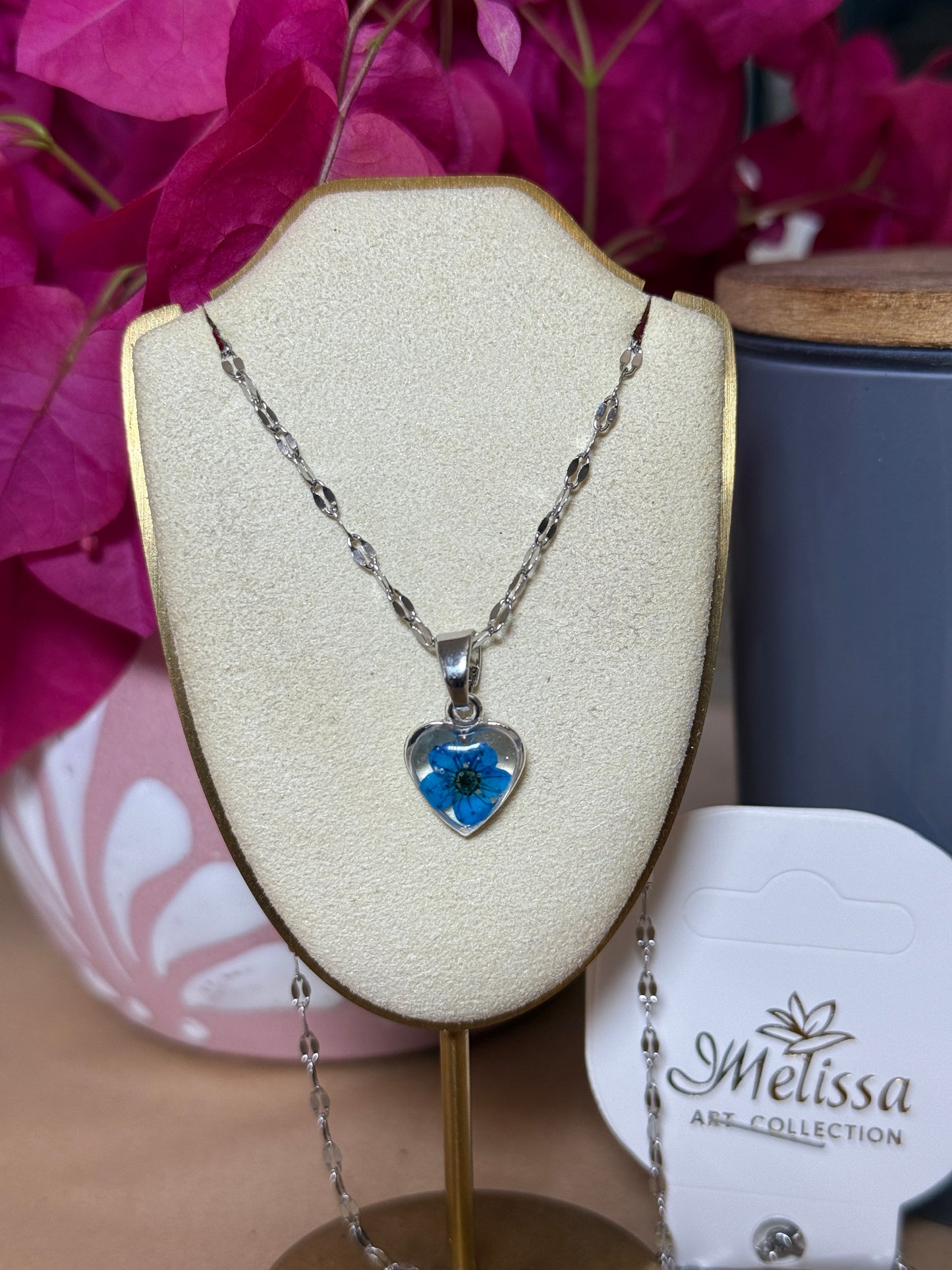 Handmade Real Pressed Blue Flower Heart Necklace – Silver Tone