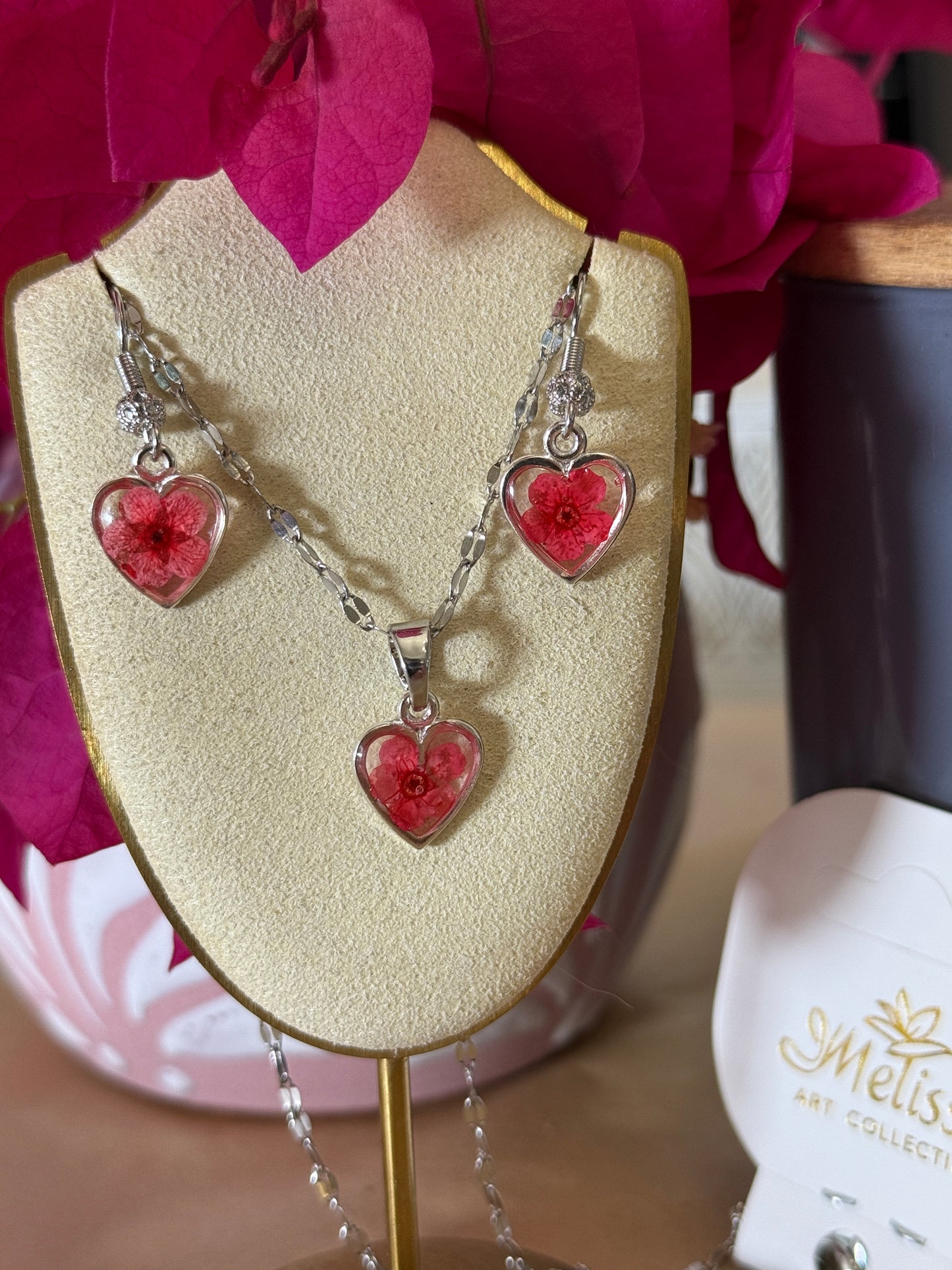 Handmade Real Pressed Red Flower Heart Necklace – Silver Tone