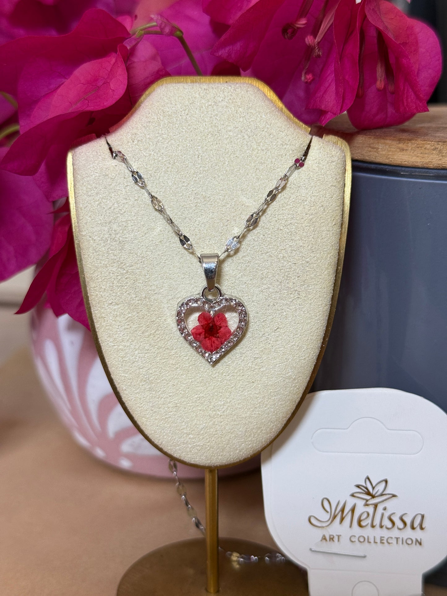 Handmade Real Pressed Red Flower Heart Necklace – Silver-Tone Rhinestone Pendant