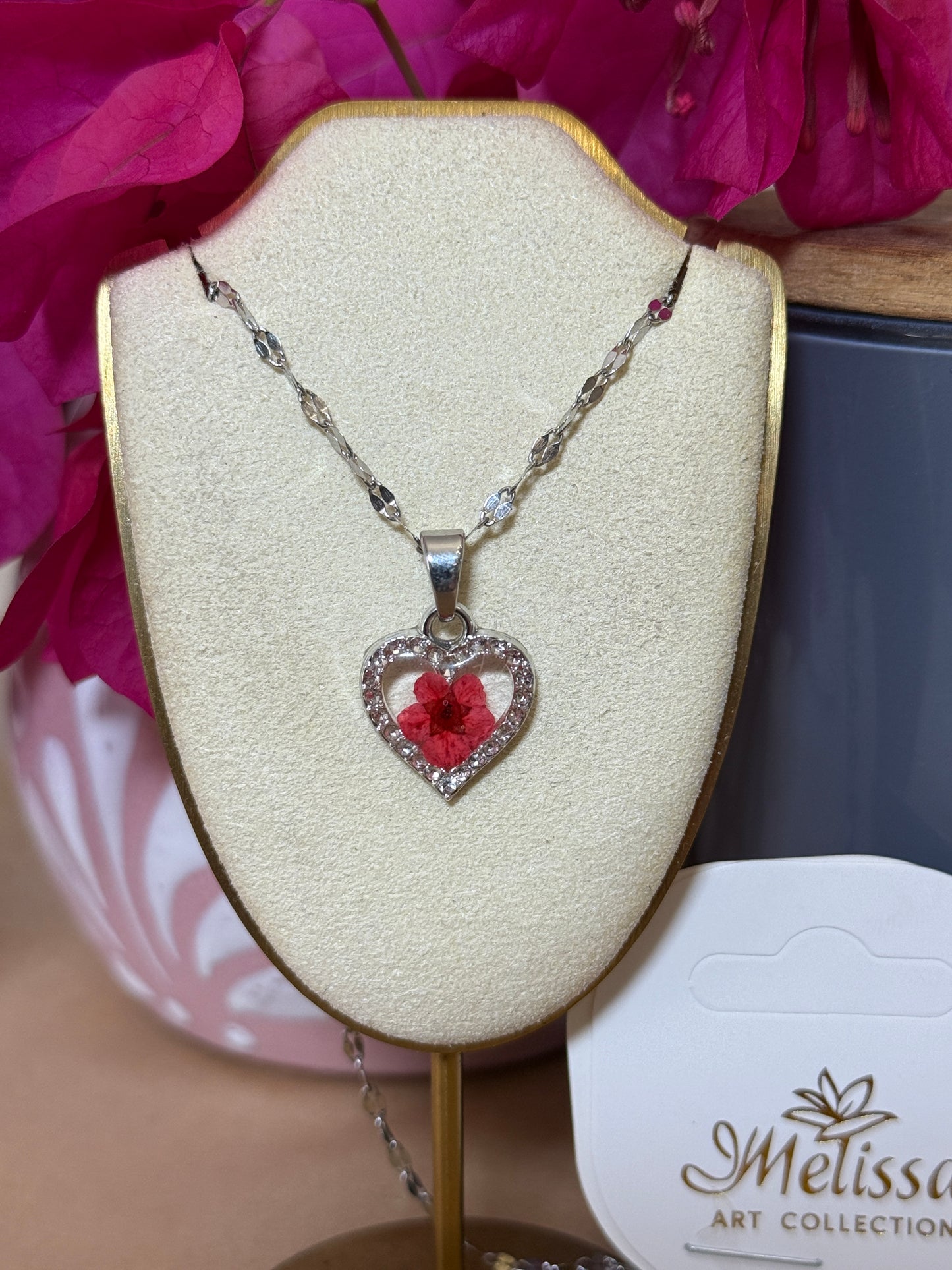 Handmade Real Pressed Red Flower Heart Necklace – Silver-Tone Rhinestone Pendant