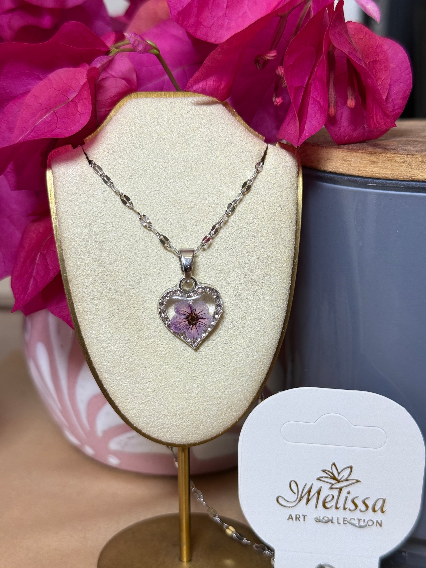 Real Pressed Purple Flower Heart Necklace – Silver-Tone Rhinestone Pendant