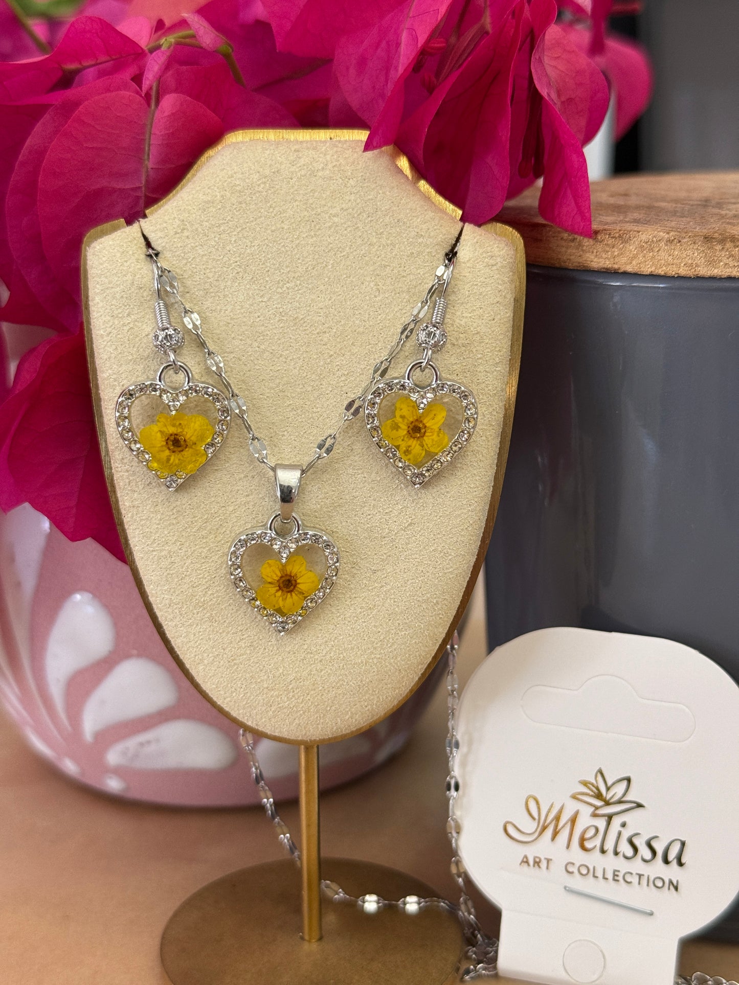 Handmade Real Pressed Yellow Flower Heart Necklace– Silver-Tone Rhinestone Pendant