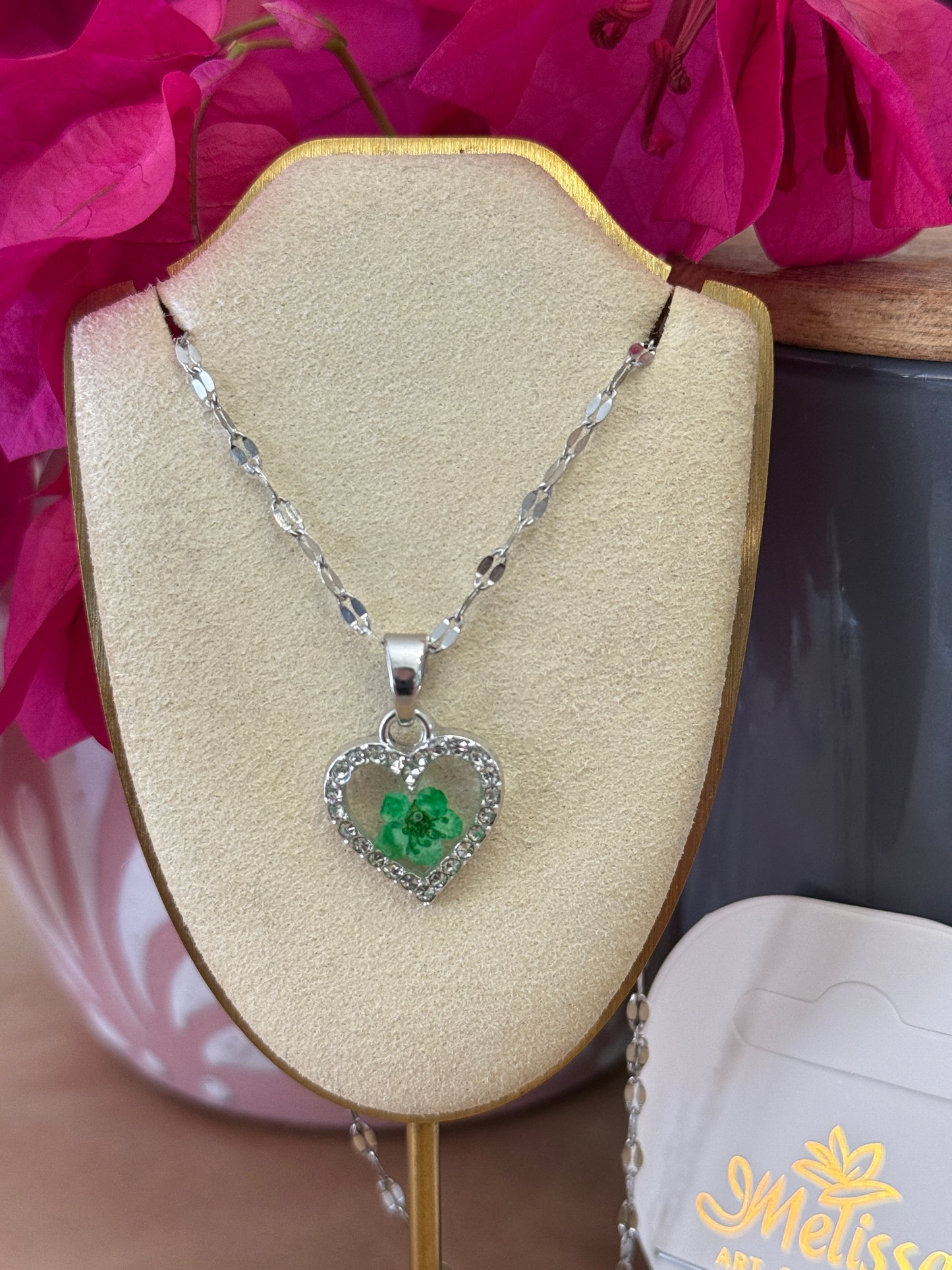 Handmade Real Pressed Green Flower Heart Necklace – Silver-Tone Rhinestone Pendant