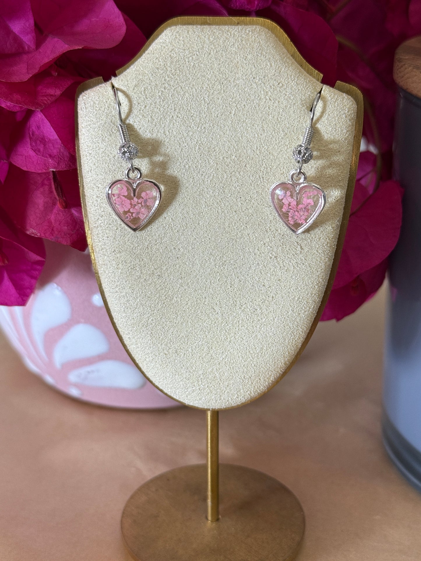 Handmade Real Pressed Light Pink Flower Heart Necklace – Silver-Tone