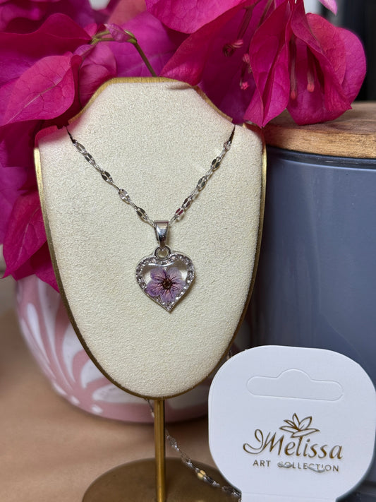 Handmade Real Pressed Purple Flower Heart Necklace with Diamond – Silver-Tone Rhinestone Pendant