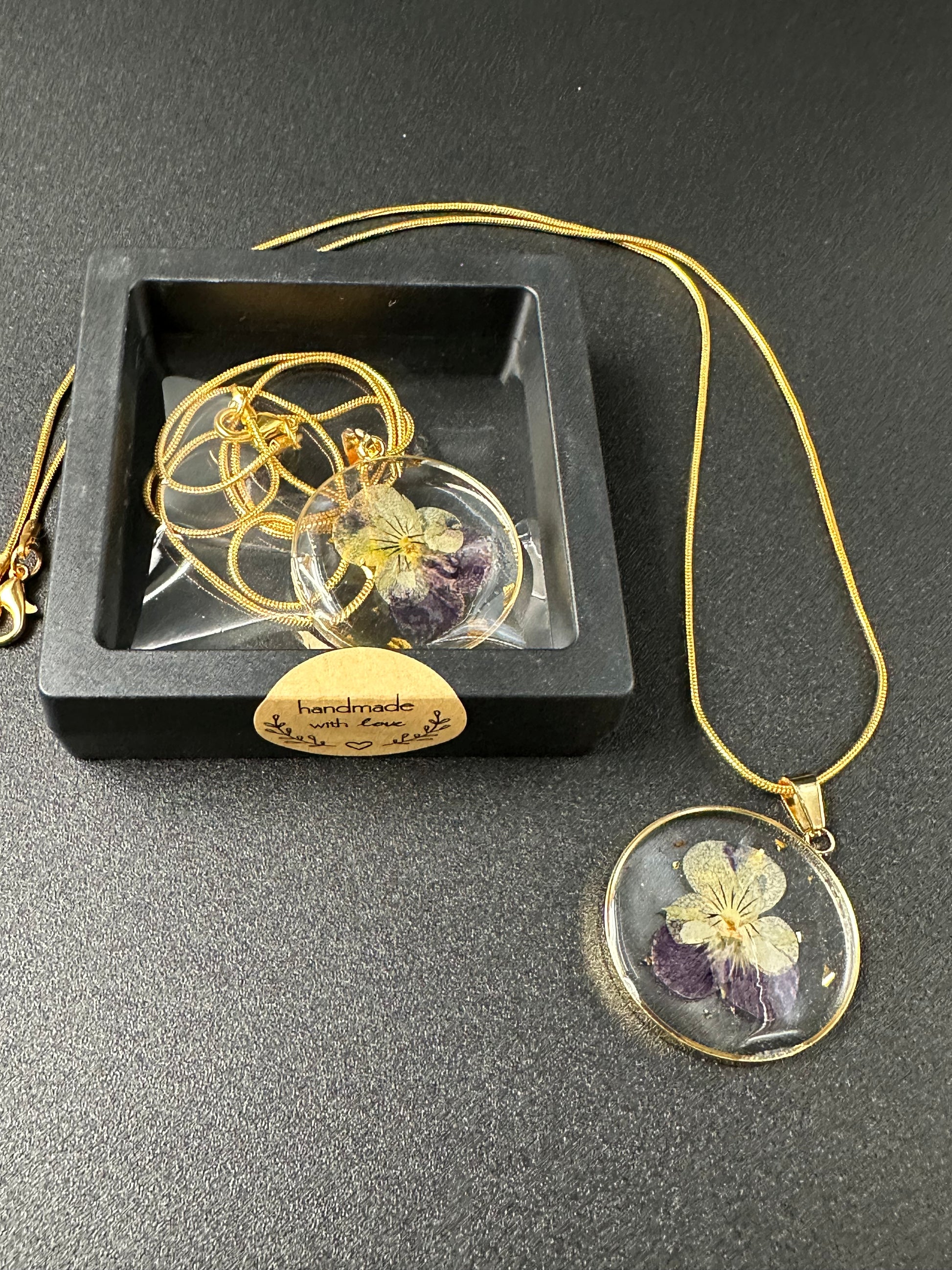 February Violet Month Flower Necklace, Birth Flower Necklace, Handmade Pressed Real Flower Necklace, Unique Gift, Gold Snake Chain - Melissa Art Collection