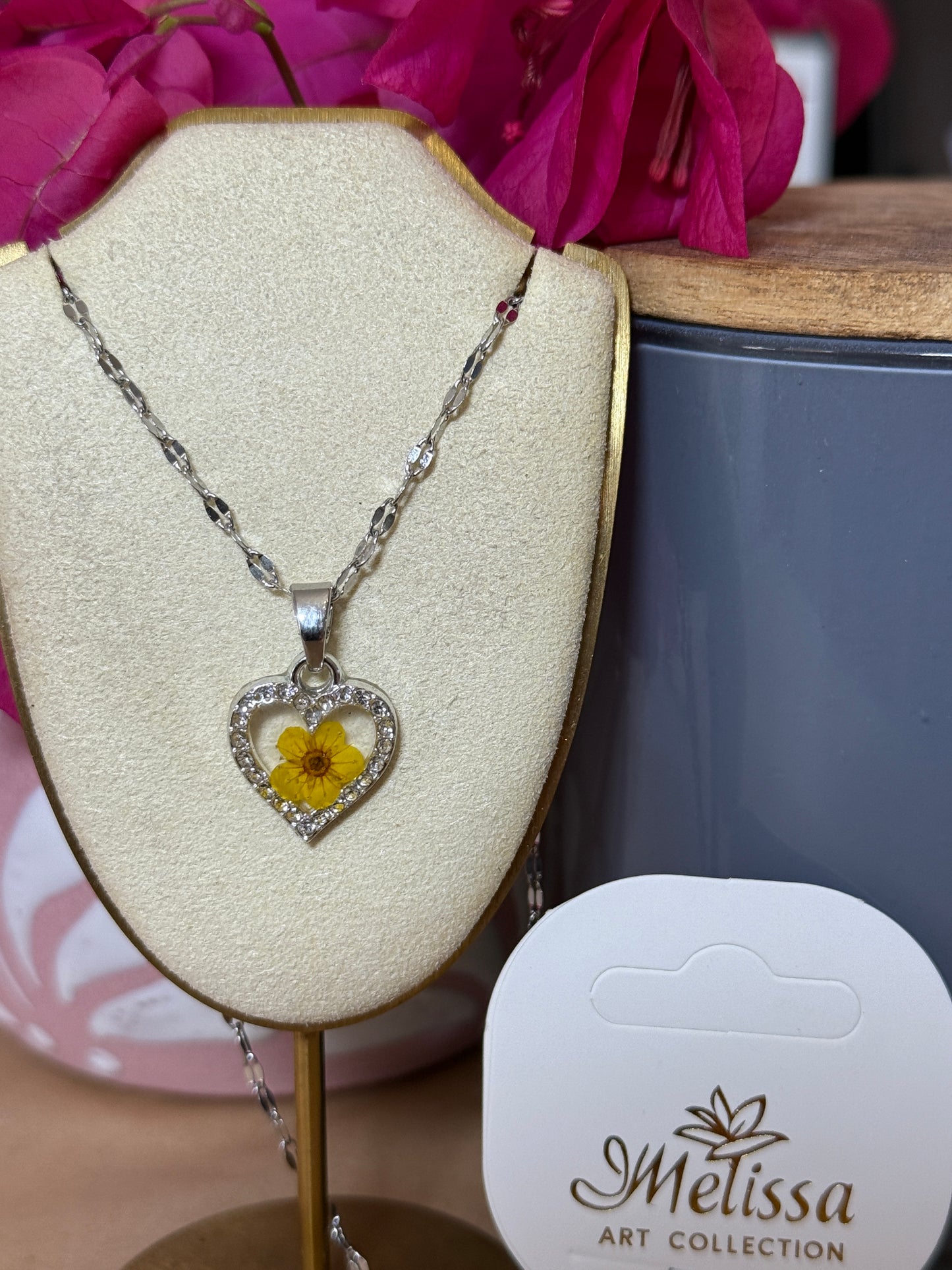 Handmade Real Pressed Yellow Flower Heart Necklace– Silver-Tone Rhinestone Pendant
