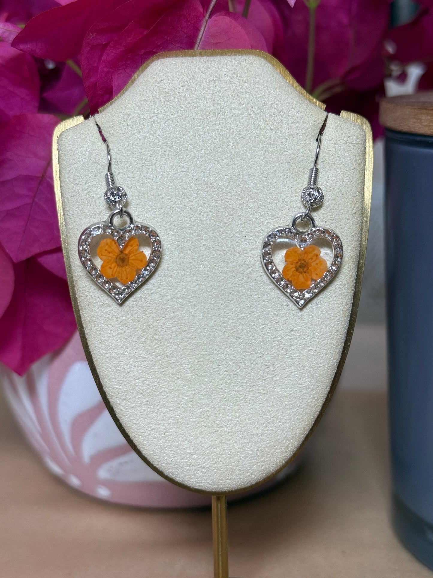 Handmade Real Pressed Orange Flower Heart Necklace – Silver-Tone Rhinestone Pendant