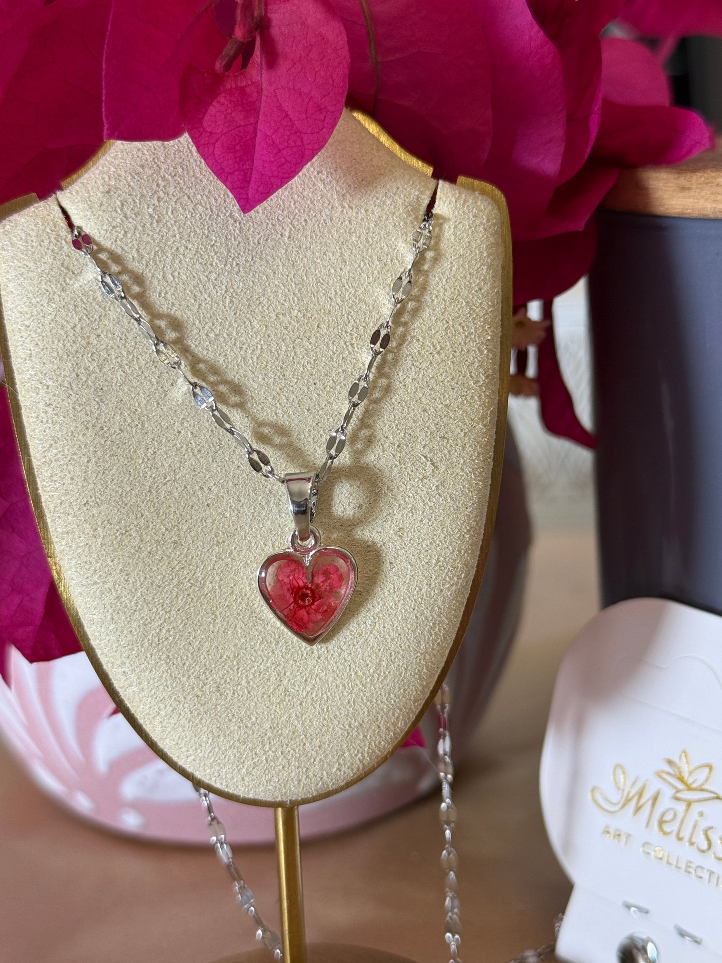 Handmade Real Pressed Red Flower Heart Necklace – Silver Tone