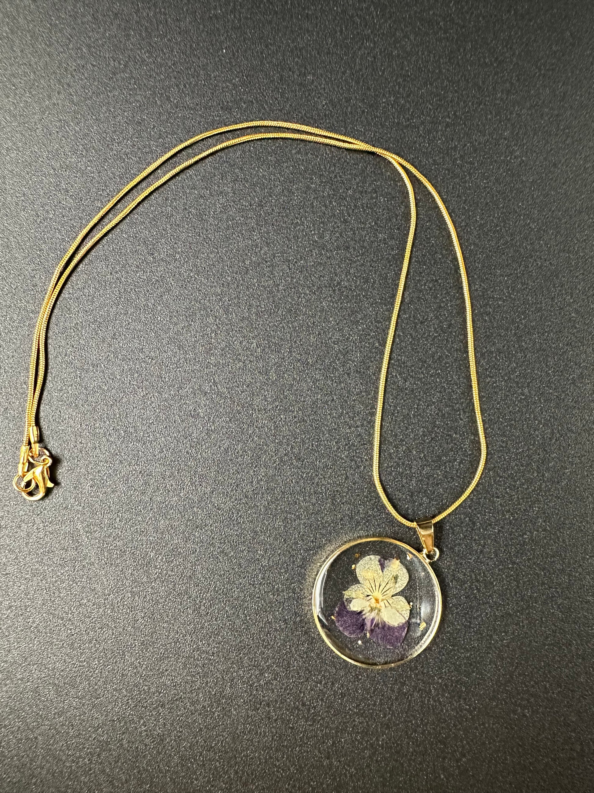 February Violet Month Flower Necklace, Birth Flower Necklace, Handmade Pressed Real Flower Necklace, Unique Gift, Gold Snake Chain - Melissa Art Collection