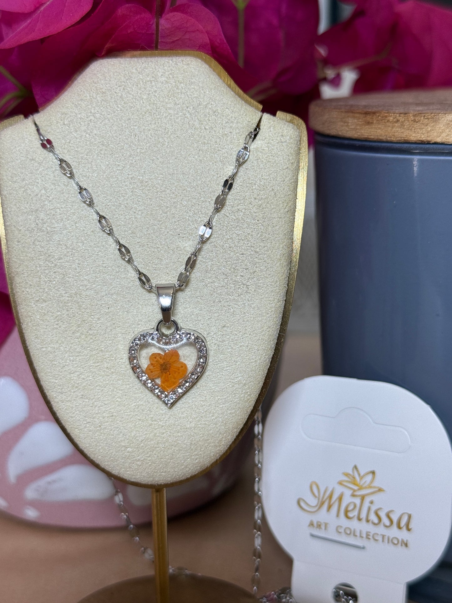 Handmade Real Pressed Orange Flower Heart Necklace – Silver-Tone Rhinestone Pendant