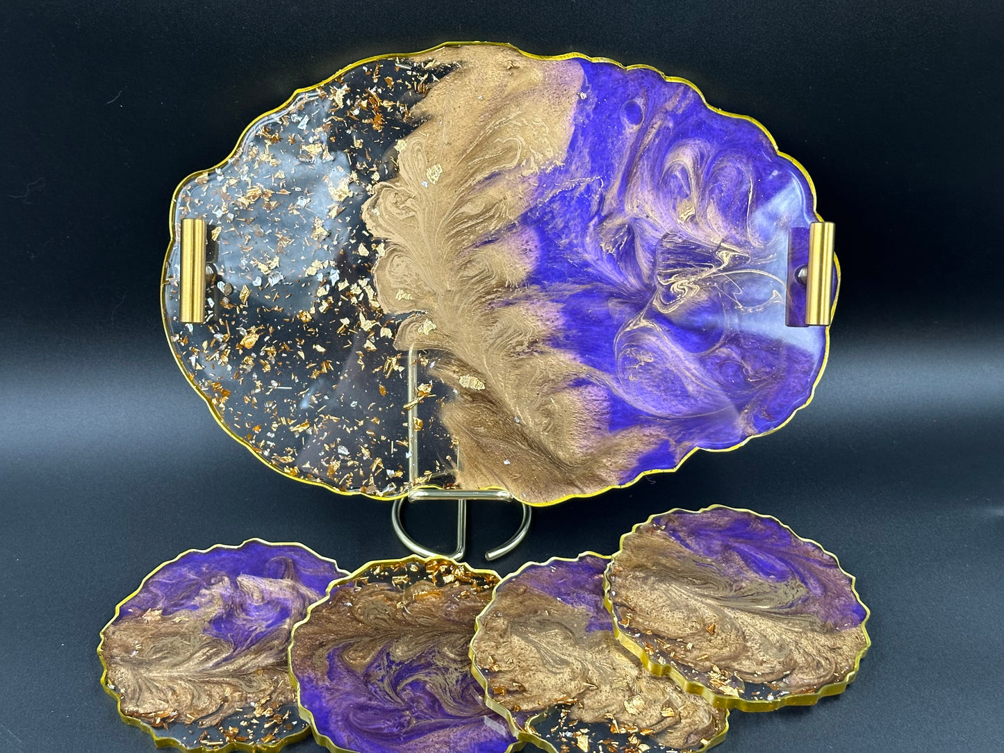 Sparkle resin tray made with hand, purple and gold resin tray, resin tray with handles, resin coasters, perfume tray, Birthday gifts - Melissa Art Collection