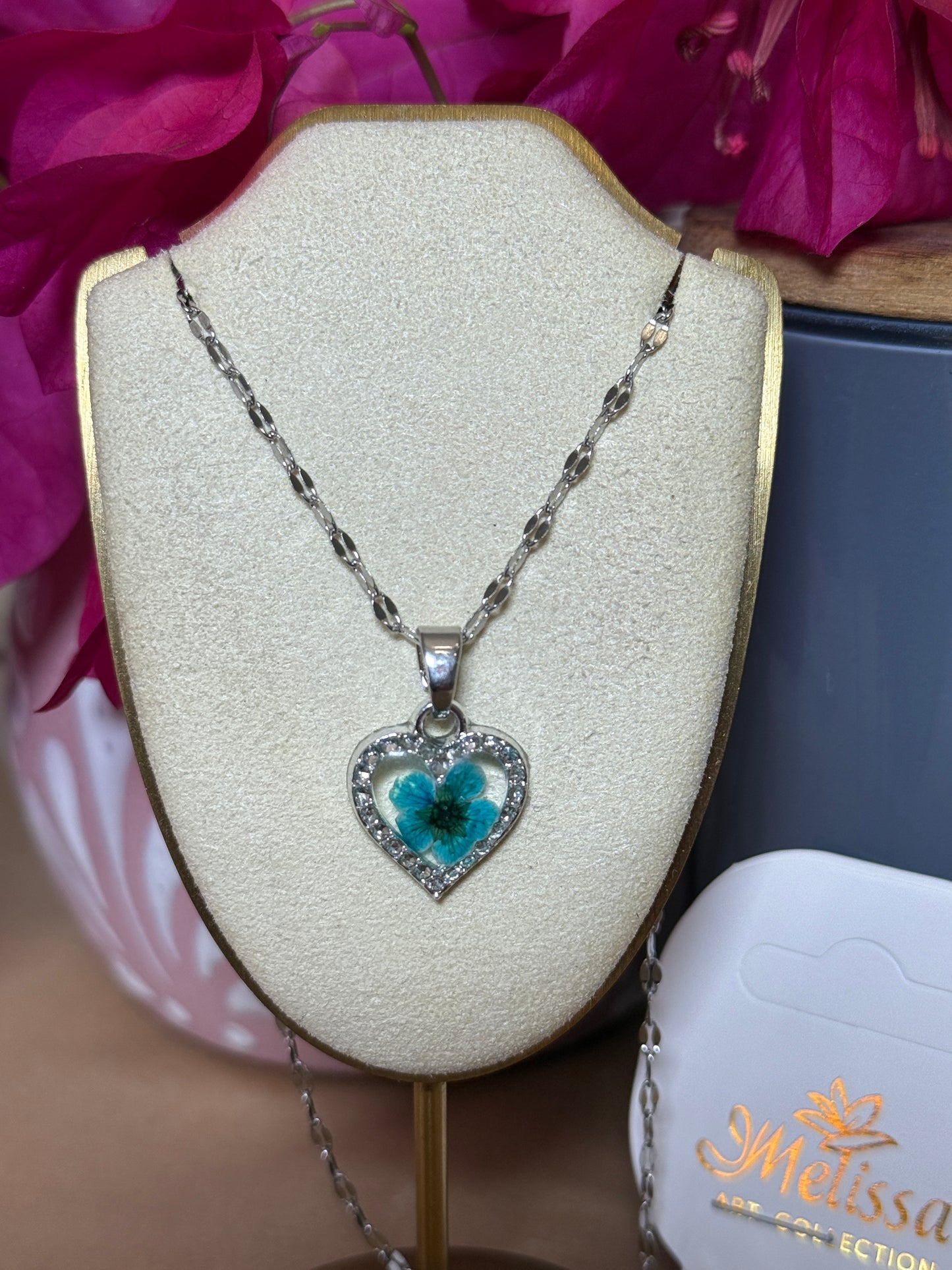 Handmade Real Pressed Blue Flower Heart Necklace– Silver-Tone Rhinestone Pendant