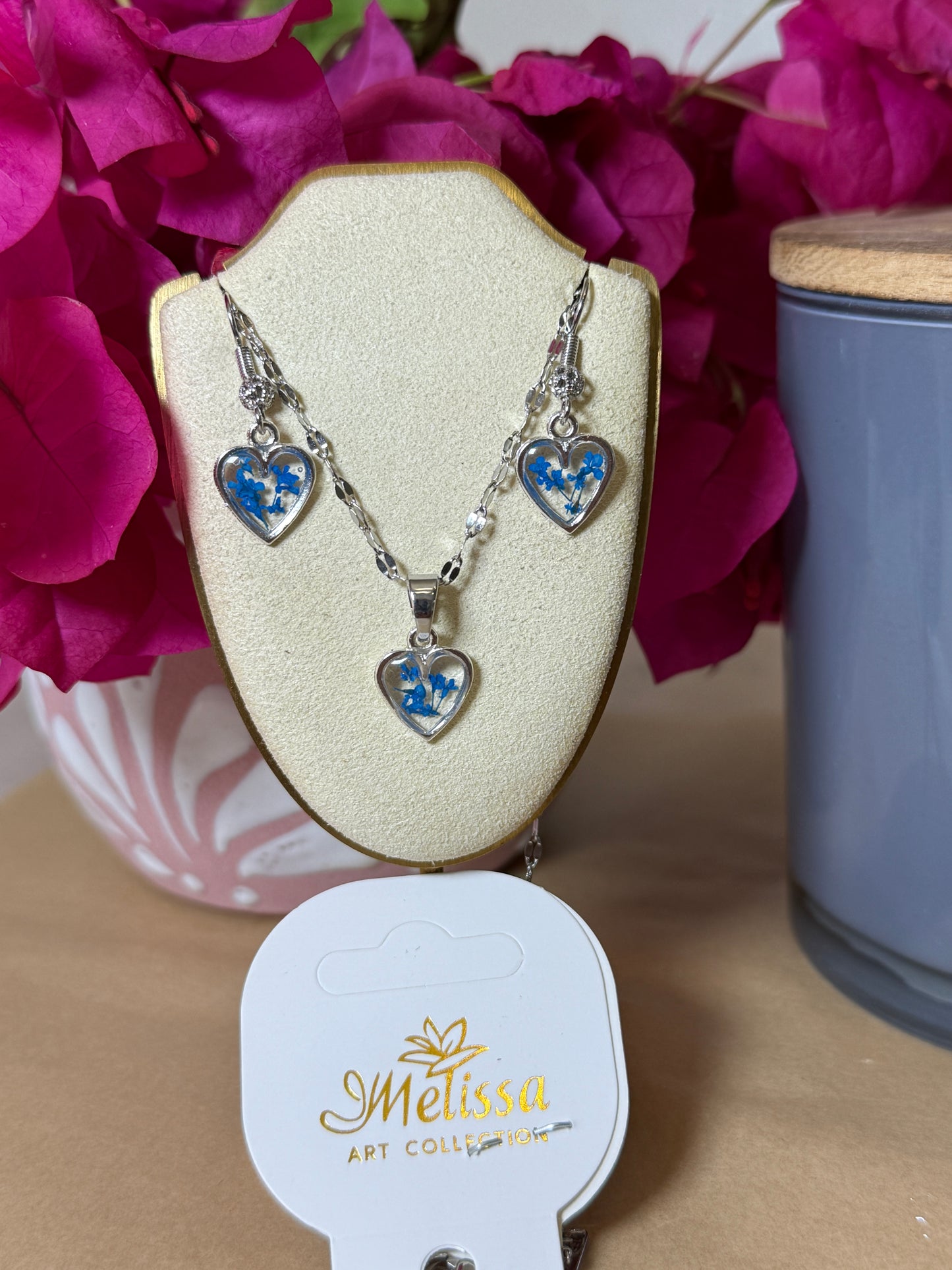 Handmade Real Pressed Blue Flower Heart Necklace – Silver-Tone Rhinestone Pendant