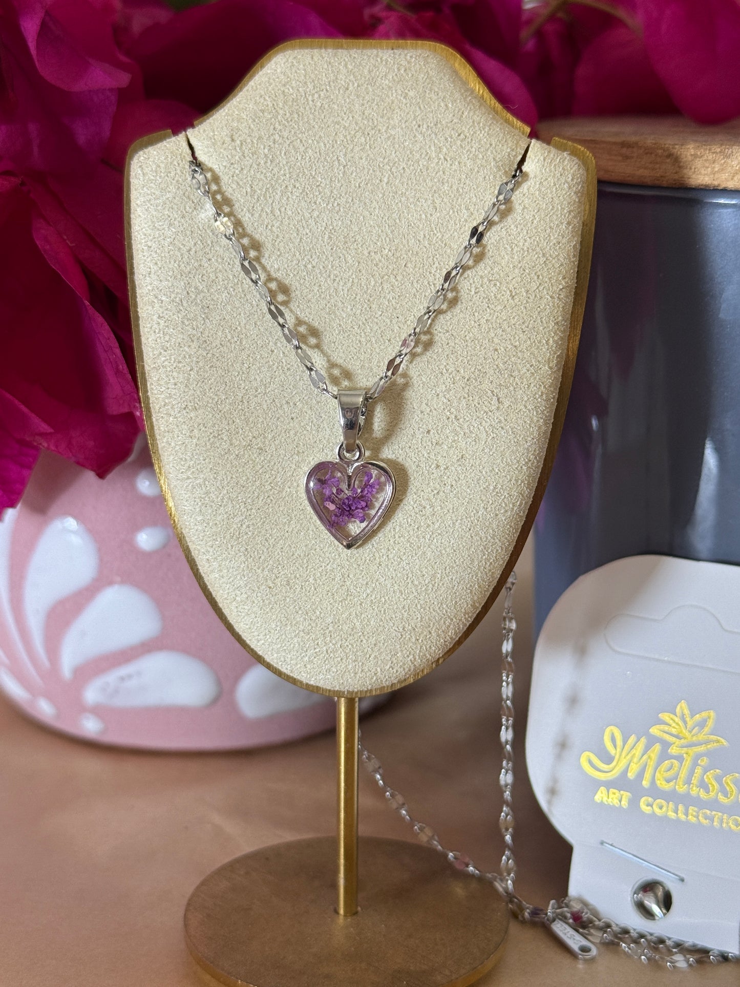 Handmade Real Pressed Purple Flower Heart Necklace – Silver Tone