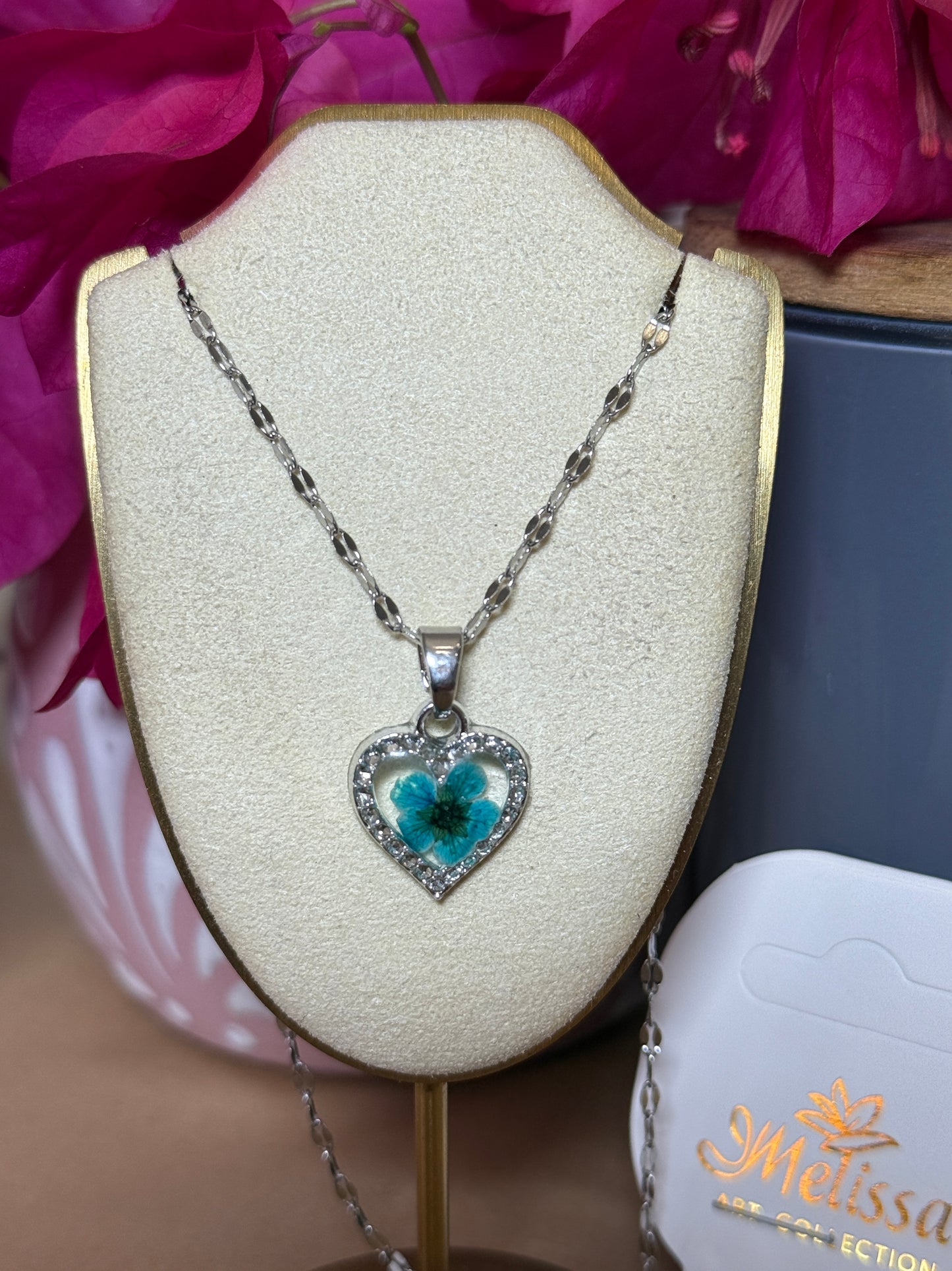 Handmade Real Pressed Blue Flower Heart Necklace– Silver-Tone Rhinestone Pendant