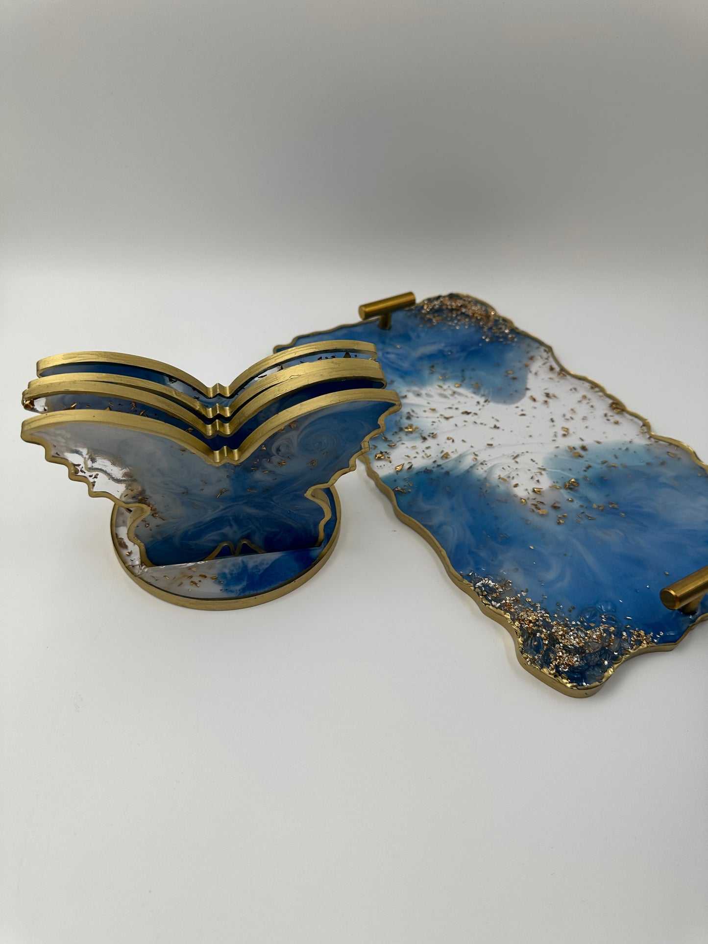 Sparkle resin serving set, Butterfly Coasters, Fancy resin Trays made by hand, Blue and gold resin, Birthday gifts - Melissa Art Collection