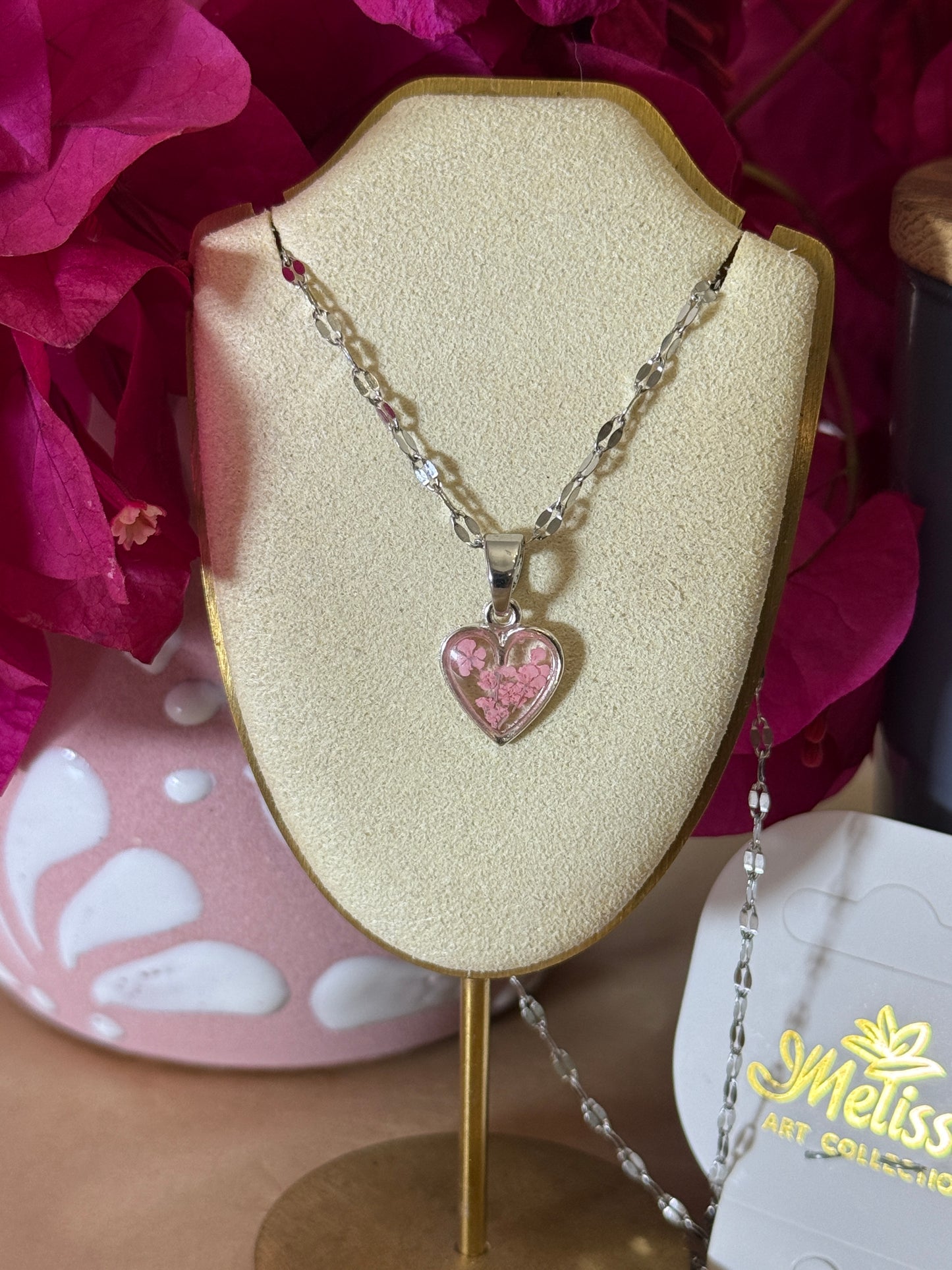 Handmade Real Pressed Light Pink Flower Heart Necklace – Silver-Tone