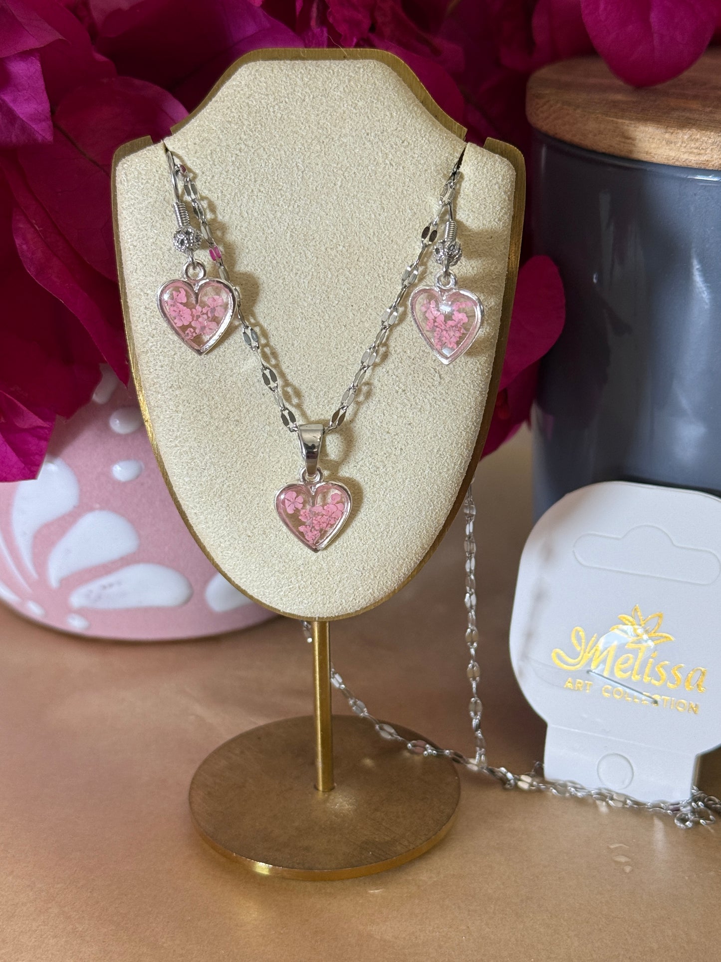 Handmade Real Pressed Light Pink Flower Heart Necklace – Silver-Tone