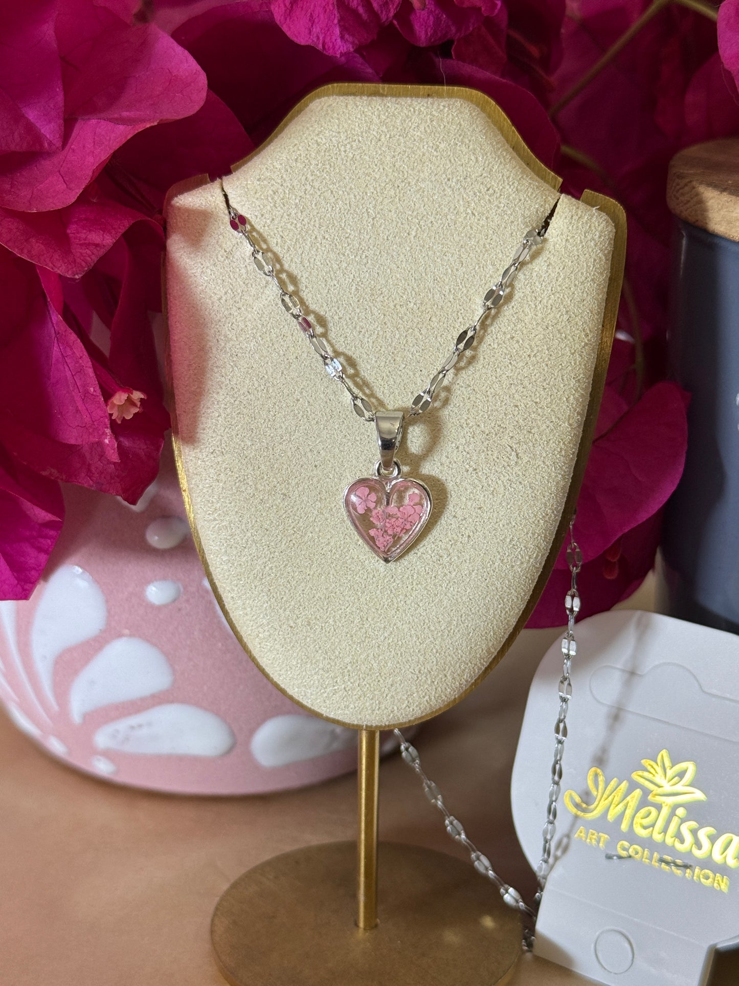 Handmade Real Pressed Light Pink Flower Heart Necklace – Silver-Tone