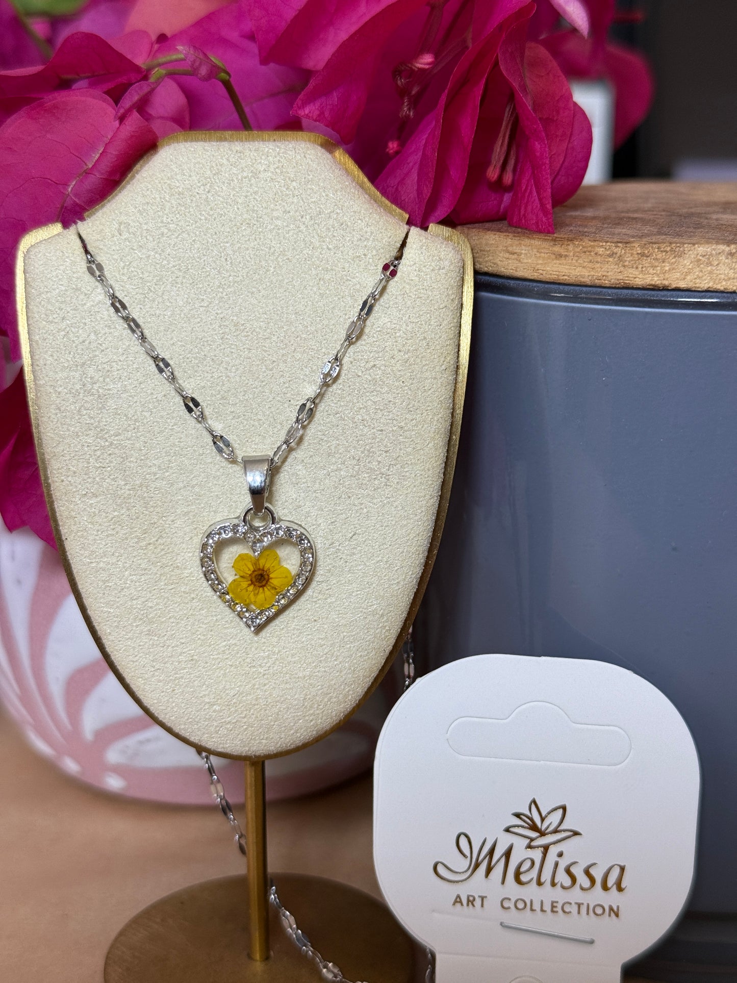 Handmade Real Pressed Yellow Flower Heart Necklace– Silver-Tone Rhinestone Pendant