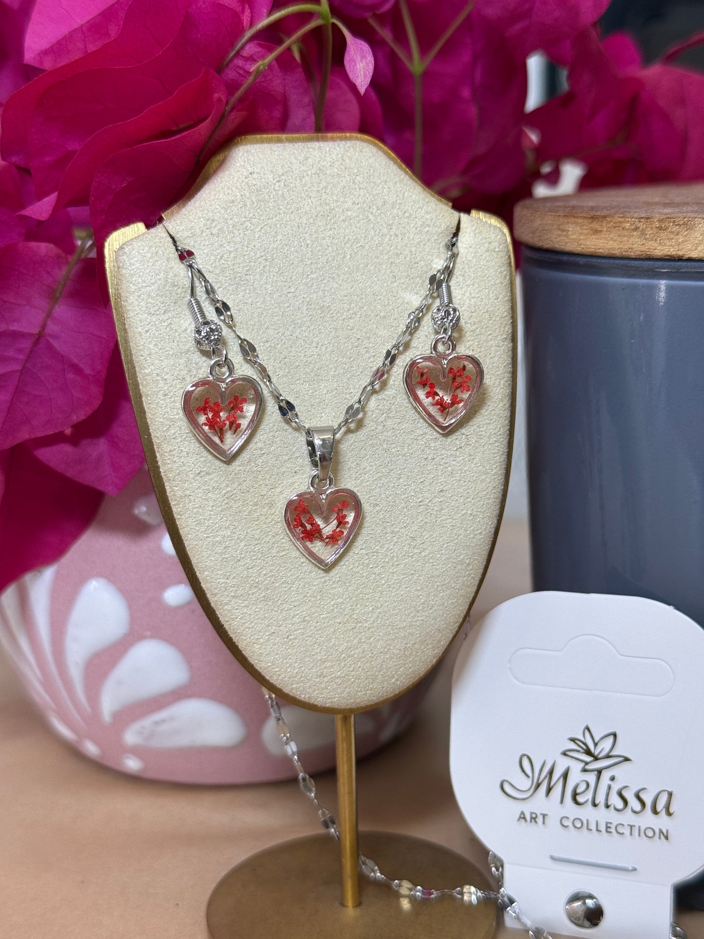 Handmade Real Pressed Red Flowers Heart Necklace – Silver Tone