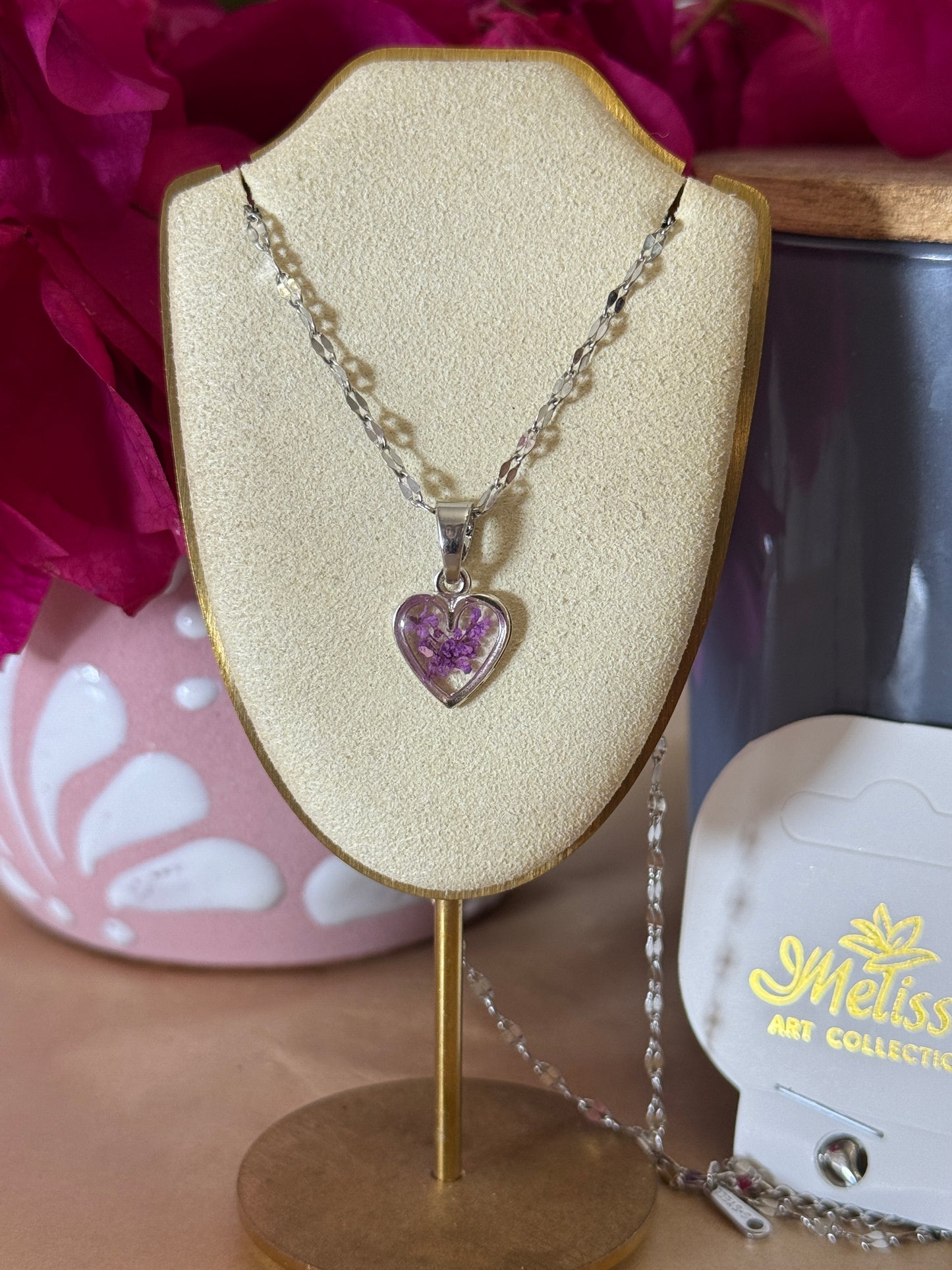 Handmade Real Pressed Purple Flower Heart Necklace – Silver Tone