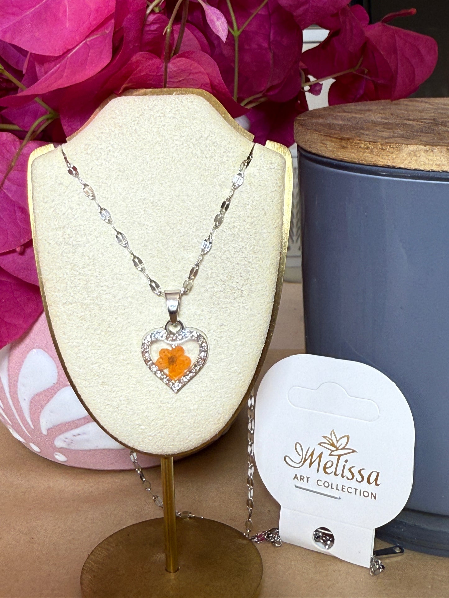 Handmade Real Pressed Orange Flower Heart Necklace – Silver-Tone Rhinestone Pendant