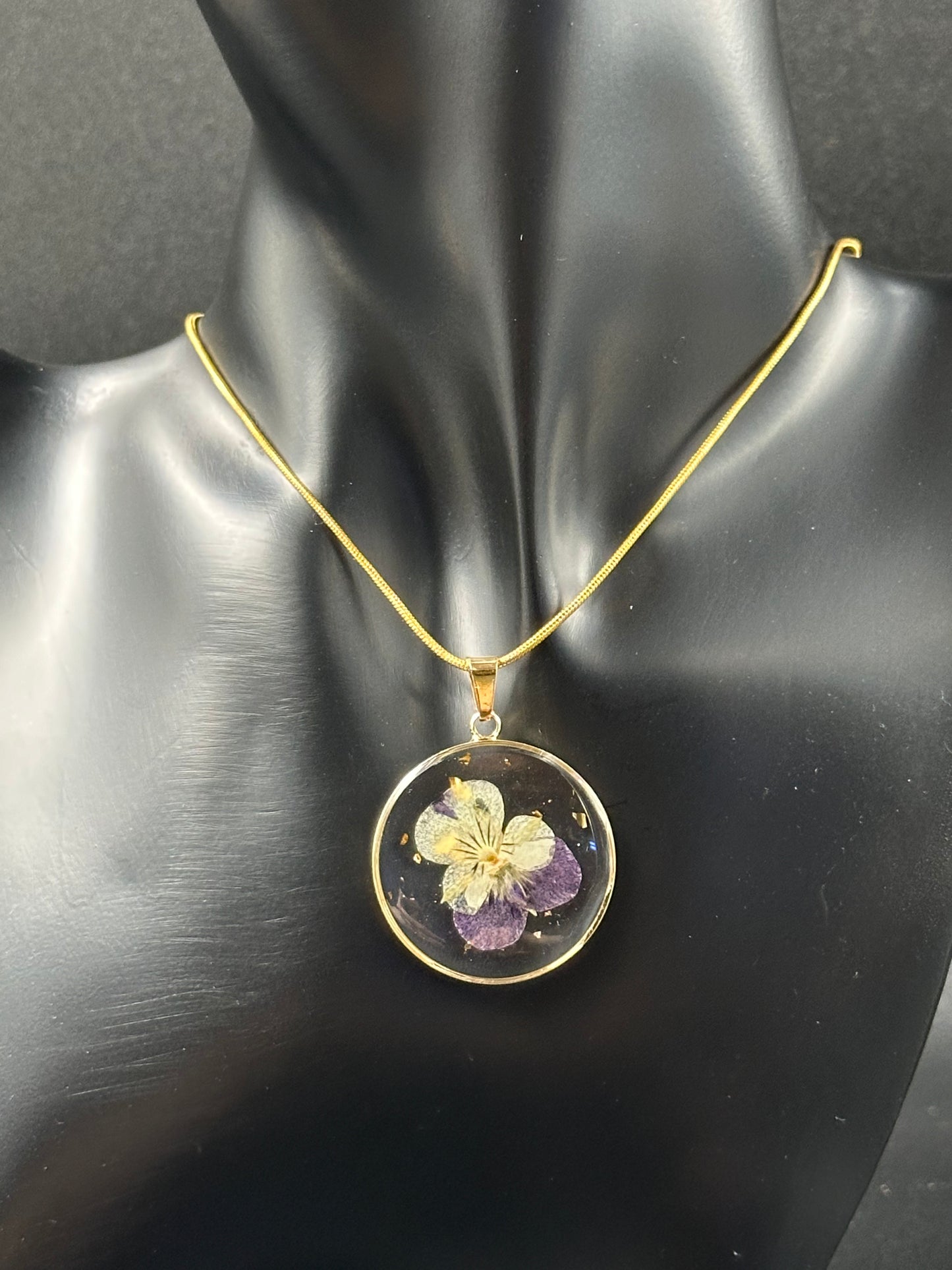 February Violet Month Flower Necklace, Birth Flower Necklace, Handmade Pressed Real Flower Necklace, Unique Gift, Gold Snake Chain - Melissa Art Collection