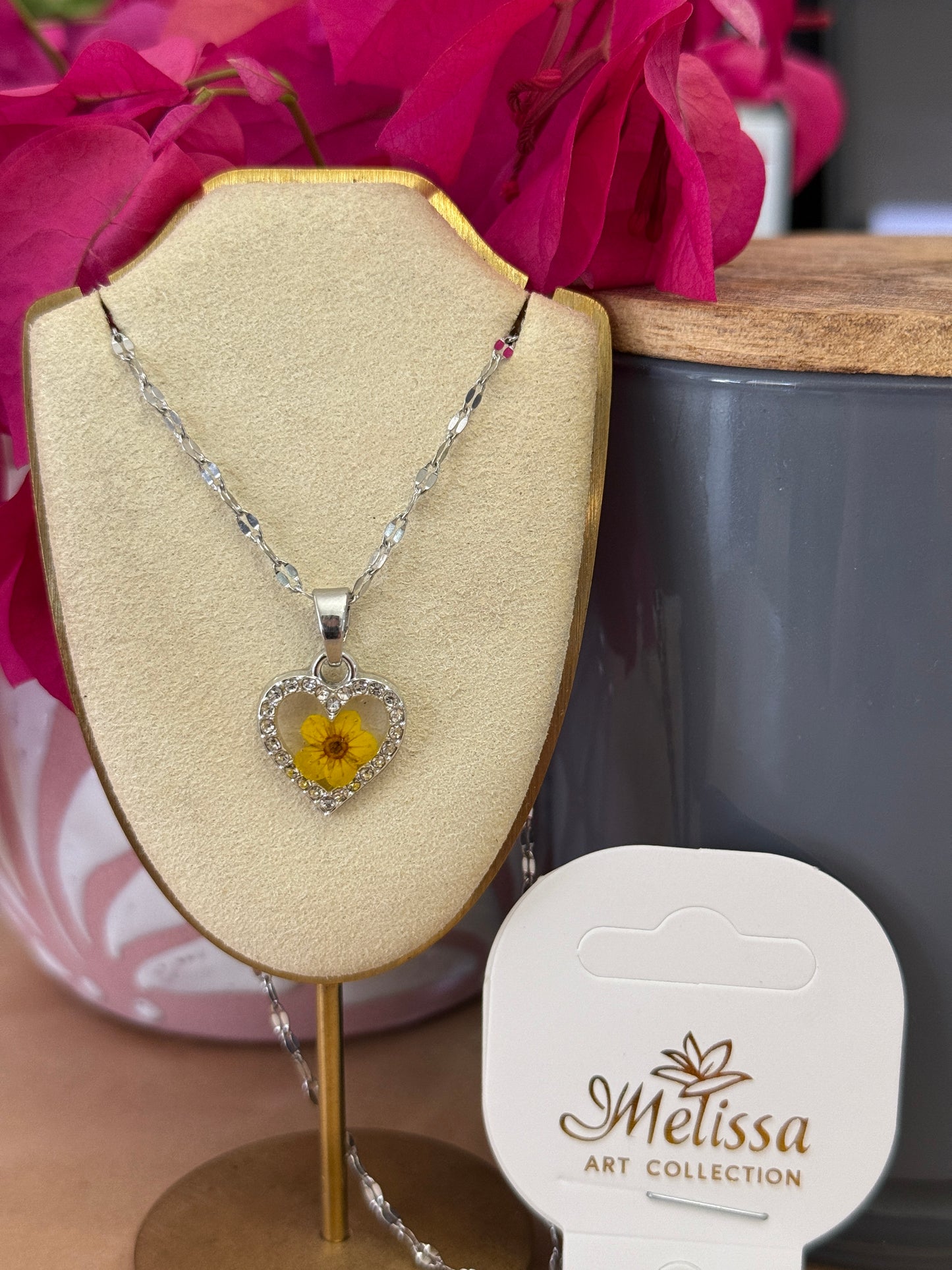 Handmade Real Pressed Yellow Flower Heart Necklace– Silver-Tone Rhinestone Pendant