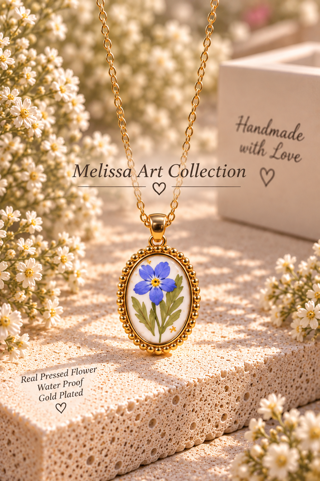 🔵 Blue Floral Oval Necklace