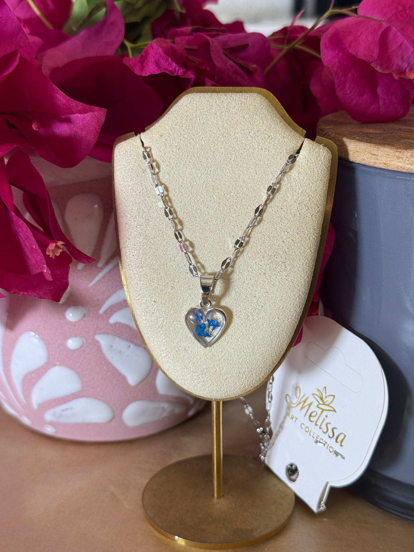 Handmade Real Pressed Blue Flower Heart Necklace – Silver-Tone Rhinestone Pendant