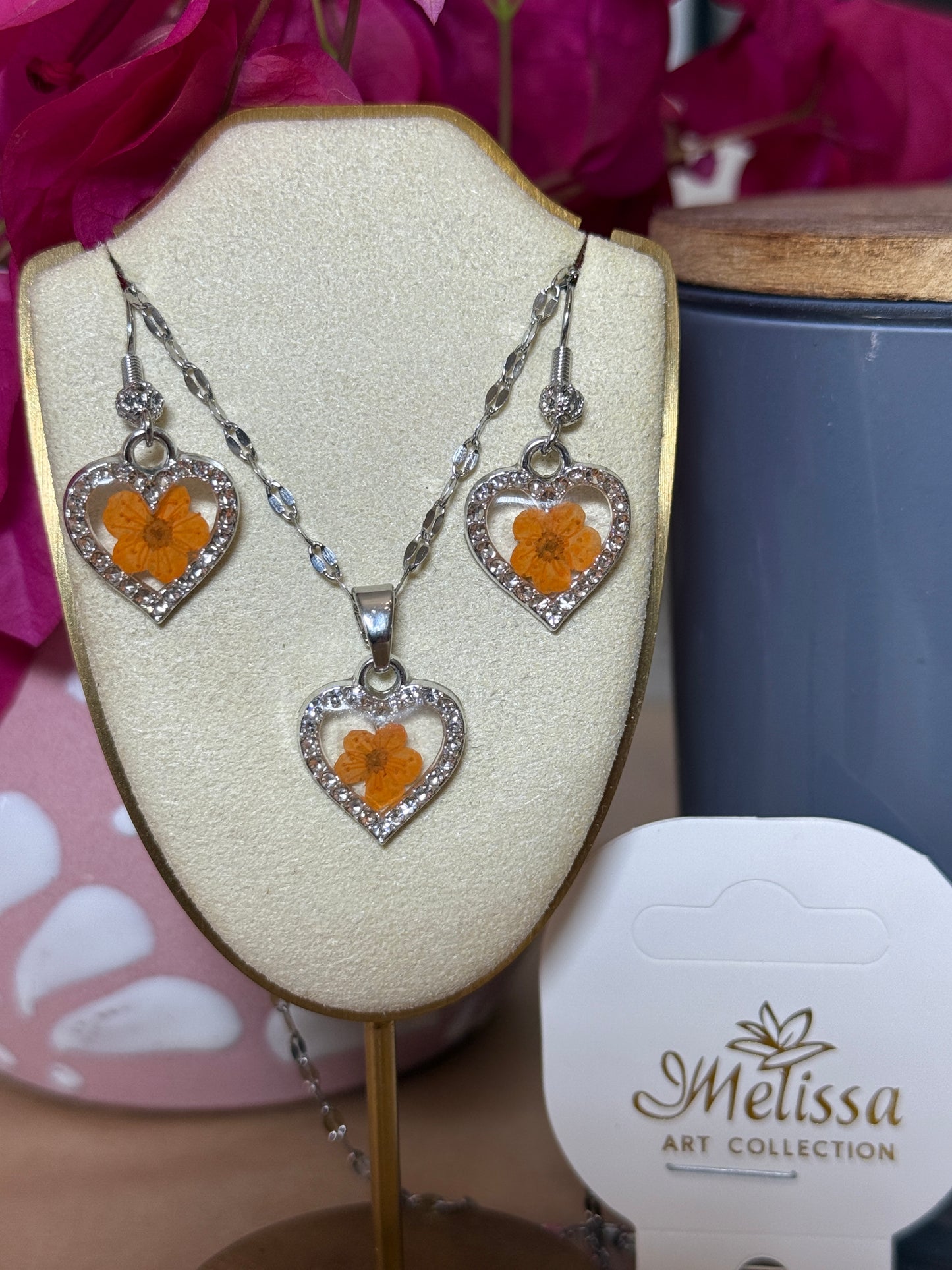Handmade Real Pressed Orange Flower Heart Necklace – Silver-Tone Rhinestone Pendant