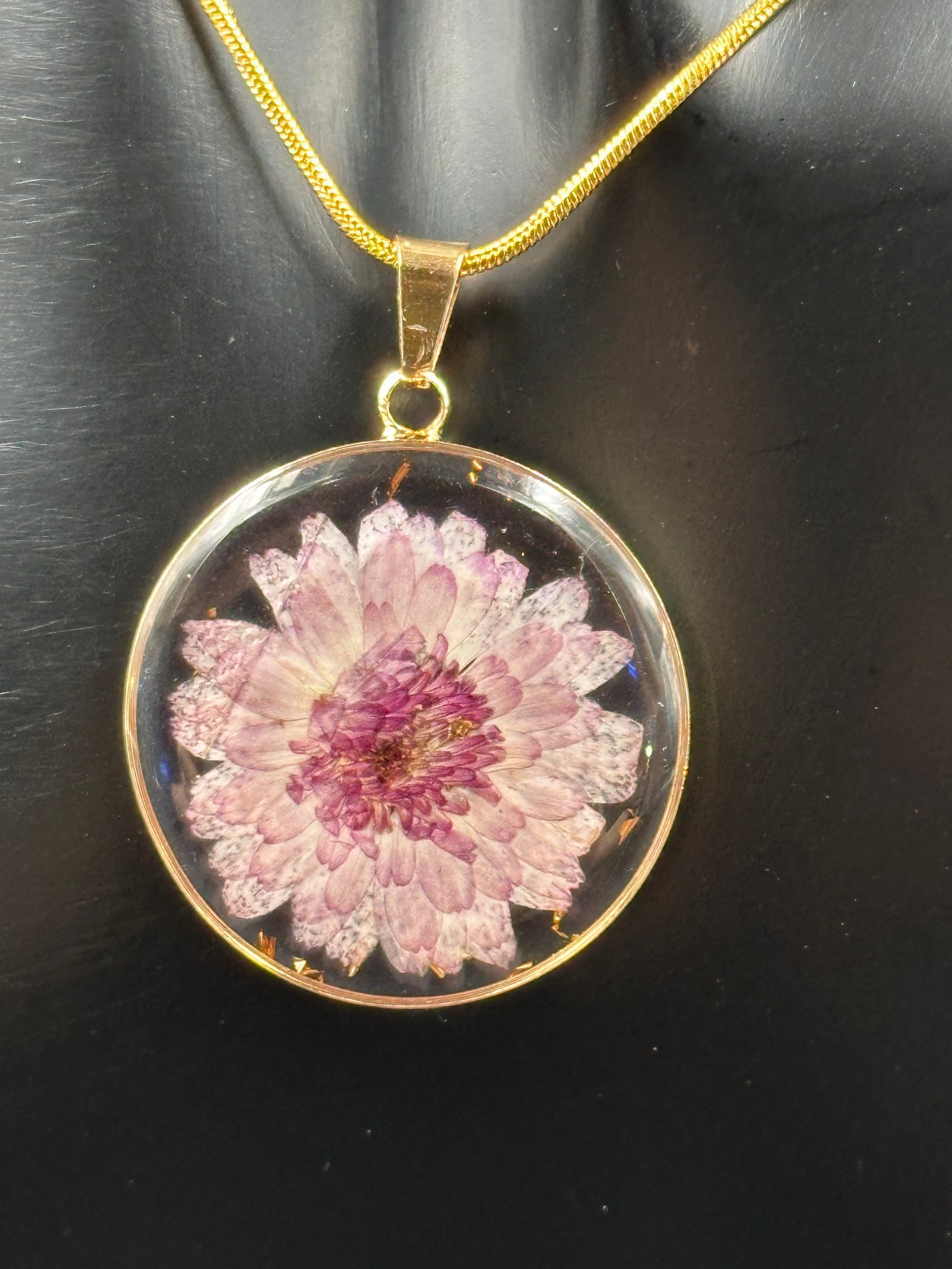 November Purple Chrysanthemum Flower Necklace, Birth Flower Necklace, Handmade Pressed Real Flower Necklace, Unique Gift, Gold Snake Chain - Melissa Art Collection