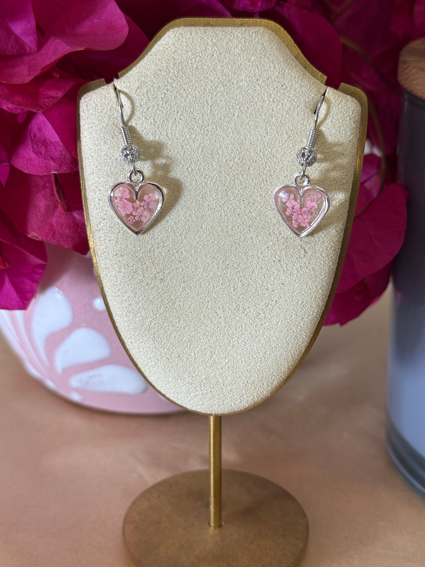 Handmade Real Pressed Light Pink Flower Heart Necklace – Silver-Tone