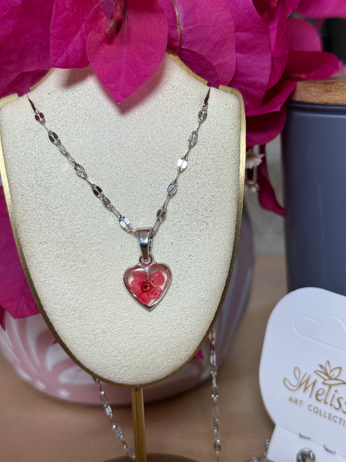 Handmade Real Pressed Red Flower Heart Necklace – Silver Tone