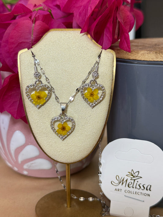Handmade Real Pressed Yellow Flower Heart Necklace– Silver-Tone Rhinestone Pendant