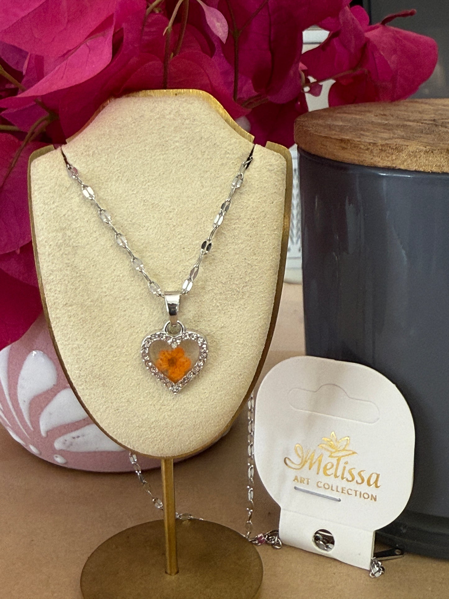 Handmade Real Pressed Orange Flower Heart Necklace – Silver-Tone Rhinestone Pendant