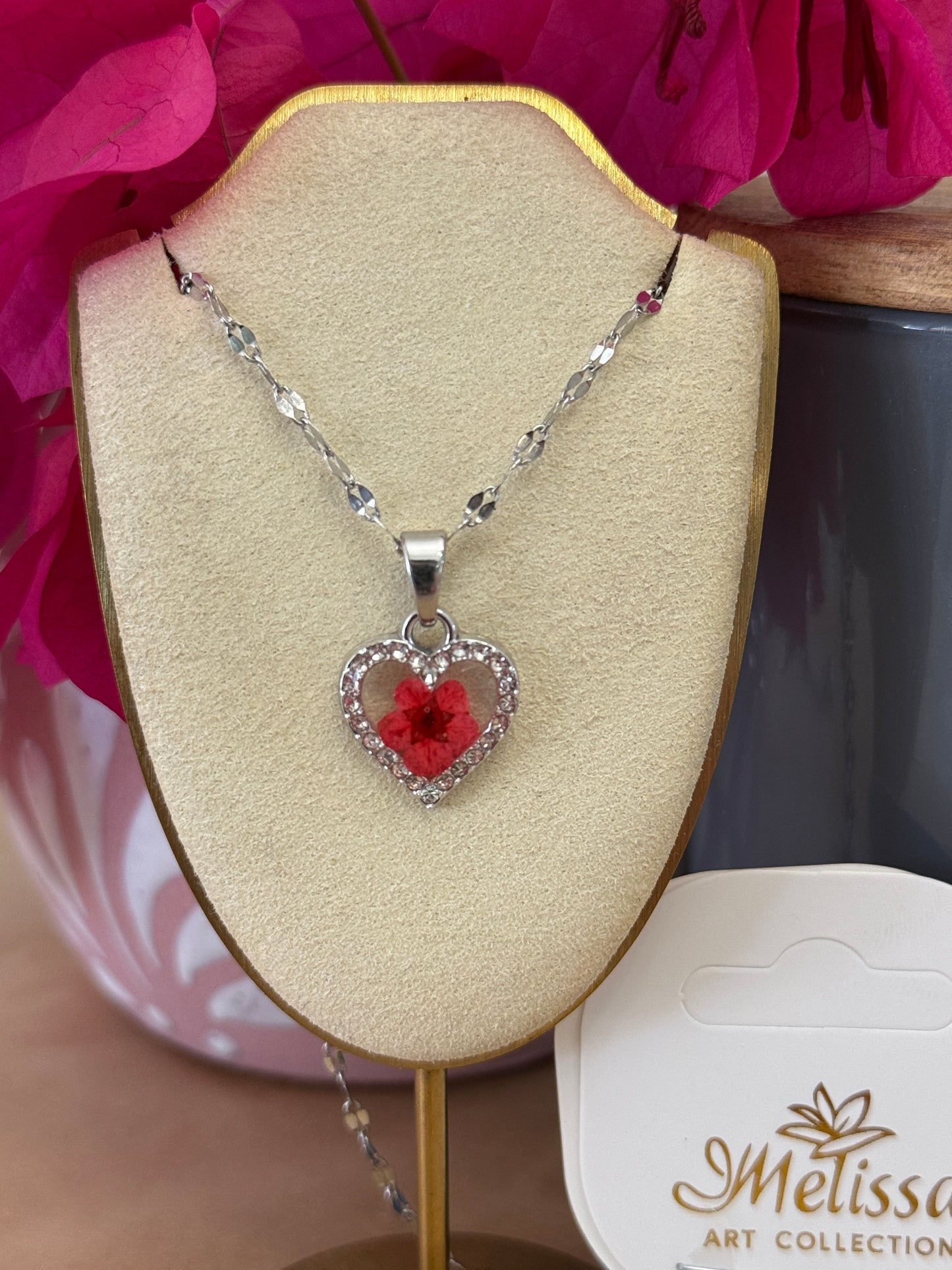 Handmade Real Pressed Red Flower Heart Necklace – Silver-Tone Rhinestone Pendant