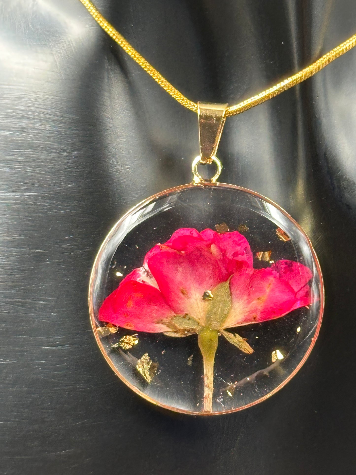 June Rose Month Flower Necklace, Birth Flower Necklace, Handmade Pressed Real Flower Necklace, Unique Gift, Gold Snake Chain - Melissa Art Collection