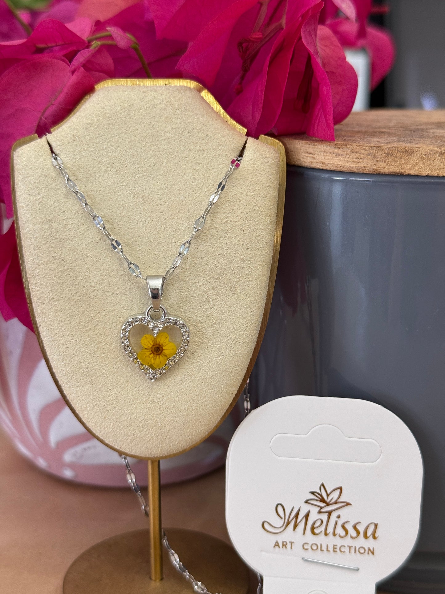 Handmade Real Pressed Yellow Flower Heart Necklace– Silver-Tone Rhinestone Pendant